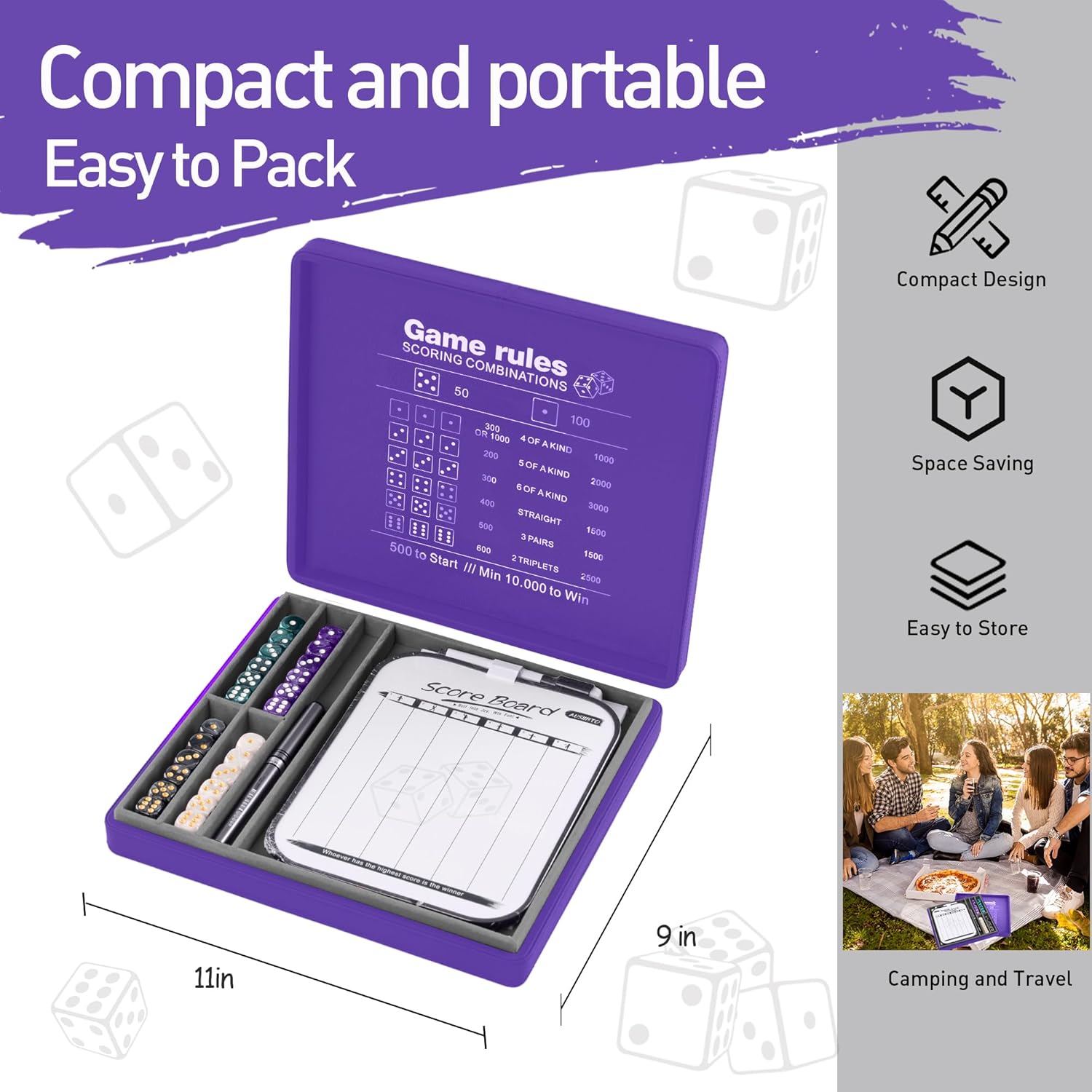 Classic Dice Game Sets - Dry Erase Score Board, Pearl Dice, Score Sheet Pads, Pen, Easy to Follow Printed Rules for Adults, Farkle Board Games for Travel, Party, and Family Night - Purple