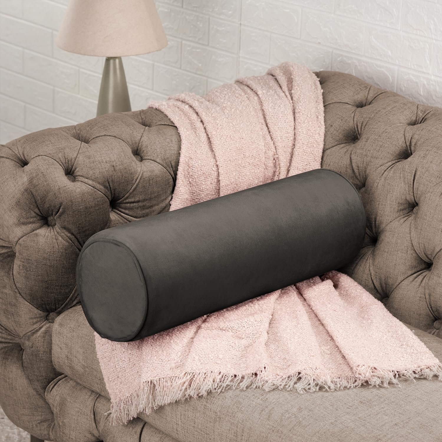 Wakefit Medium Firm Bolster Pillow | Pack of 1 | 23x8 Inch | Foam & Removable Velvet Fabric | Machine Washable Cover | for Bed, Sofa & Diwan | Grey