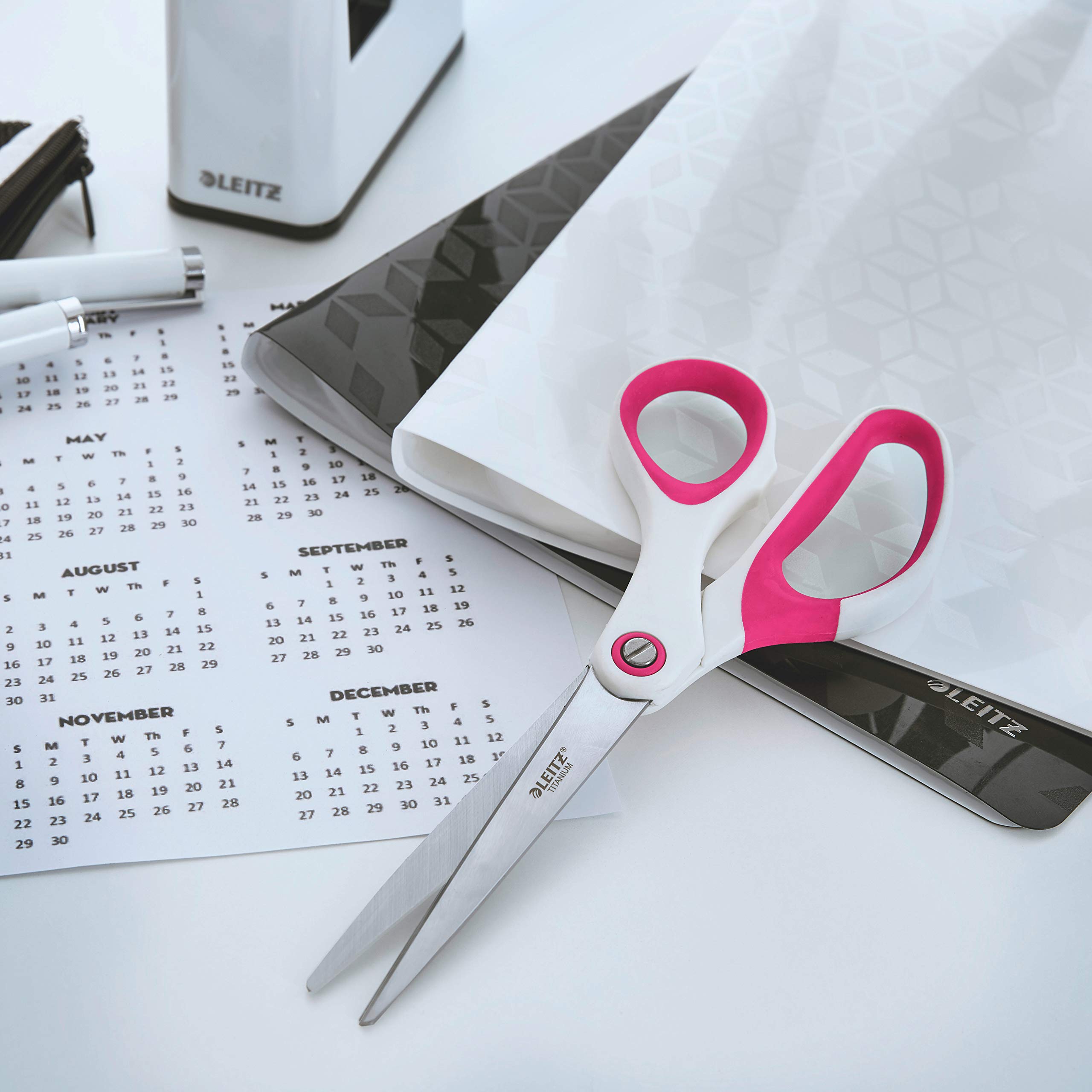 Leitz Titanium Scissors, Right or Left Handed (Ambidextrous), Office Stationary, Ergonomic Handle, WOW Range, Pink, 6.7 x 1.5 x 15 cm