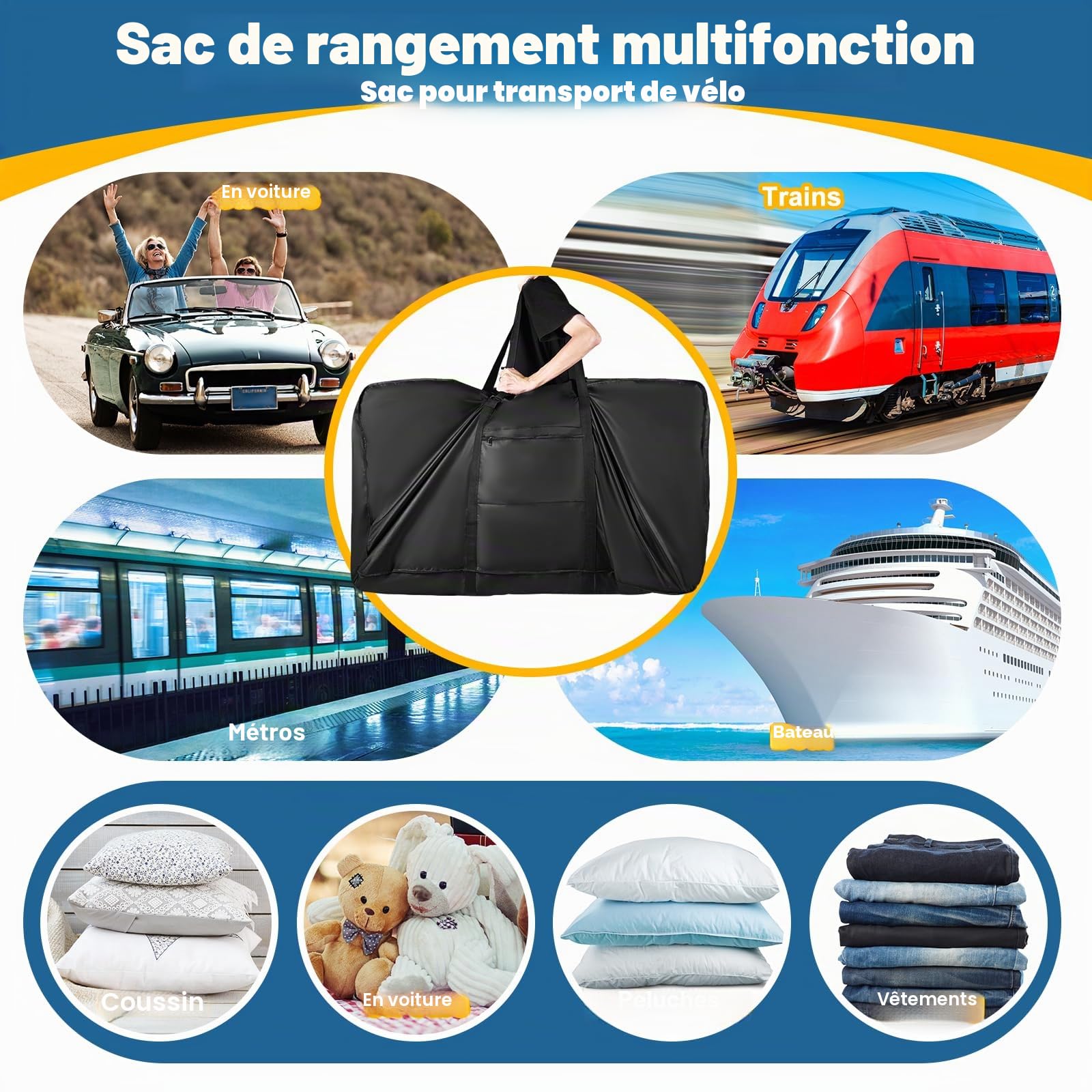 Sac de voyage pliable pour vélo, noir, 55,1 x 31,4 x 11 pouces (140 cm x 80 cm x 28 cm), sacoche de vélo multifonction