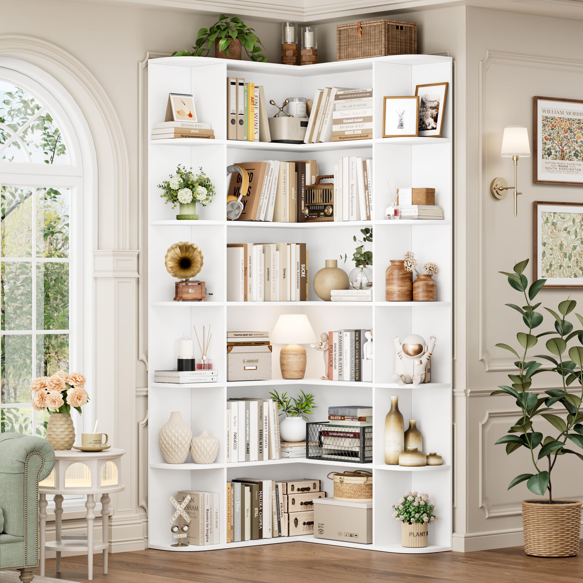 FOTOSOK 74” Tall Corner Bookshelf, 6-Tier Bookshelf and Bookcase with Open Storage, L Shaped Tall Bookcases Wooden Storage Shelves for Home Office, Thickened Boards for Better Load Bearing, White