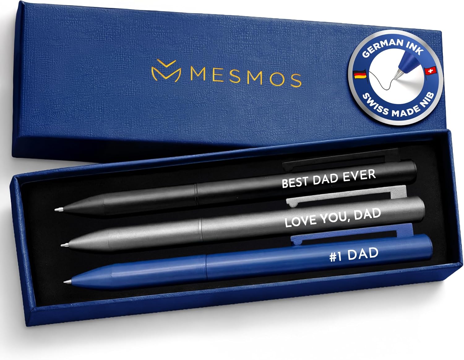 MESMOS 3Pk Luxury Fancy Pen Set, Birthday Gifts for Dad, Unique Gifts from Daughter Son Wife, Presents for Dad Birthday, Cool Black Best Ever Gift, Metal Ballpoint Pens