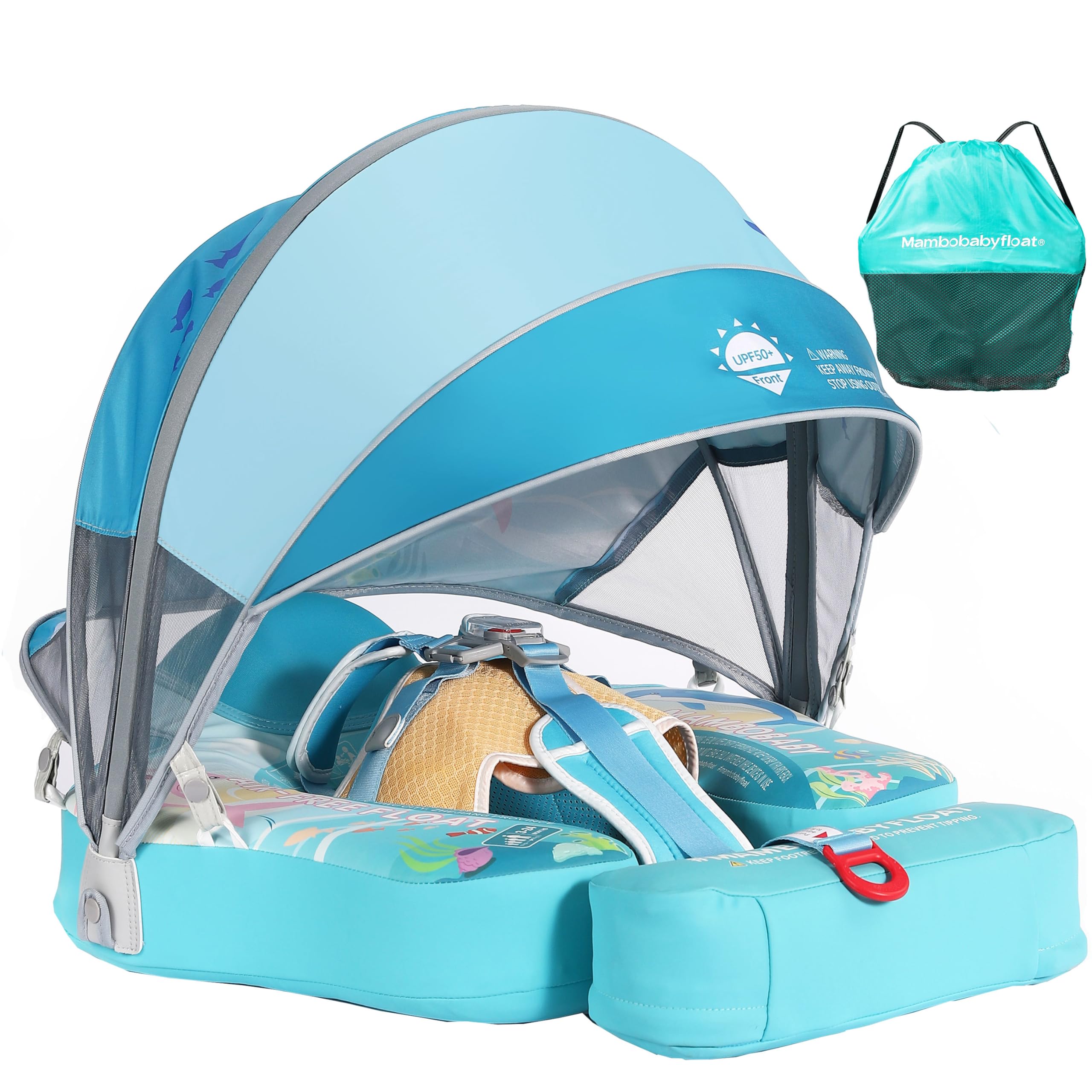 Mambobaby Float with Canopy & Portable Backpack Skin-friendly Baby Swim Float with Tail Waterproof Non-Inflatable Mambo Float Smart Swim Trainer Soft Solid Infant Pool Float 3-24 months Baby Swim Ring