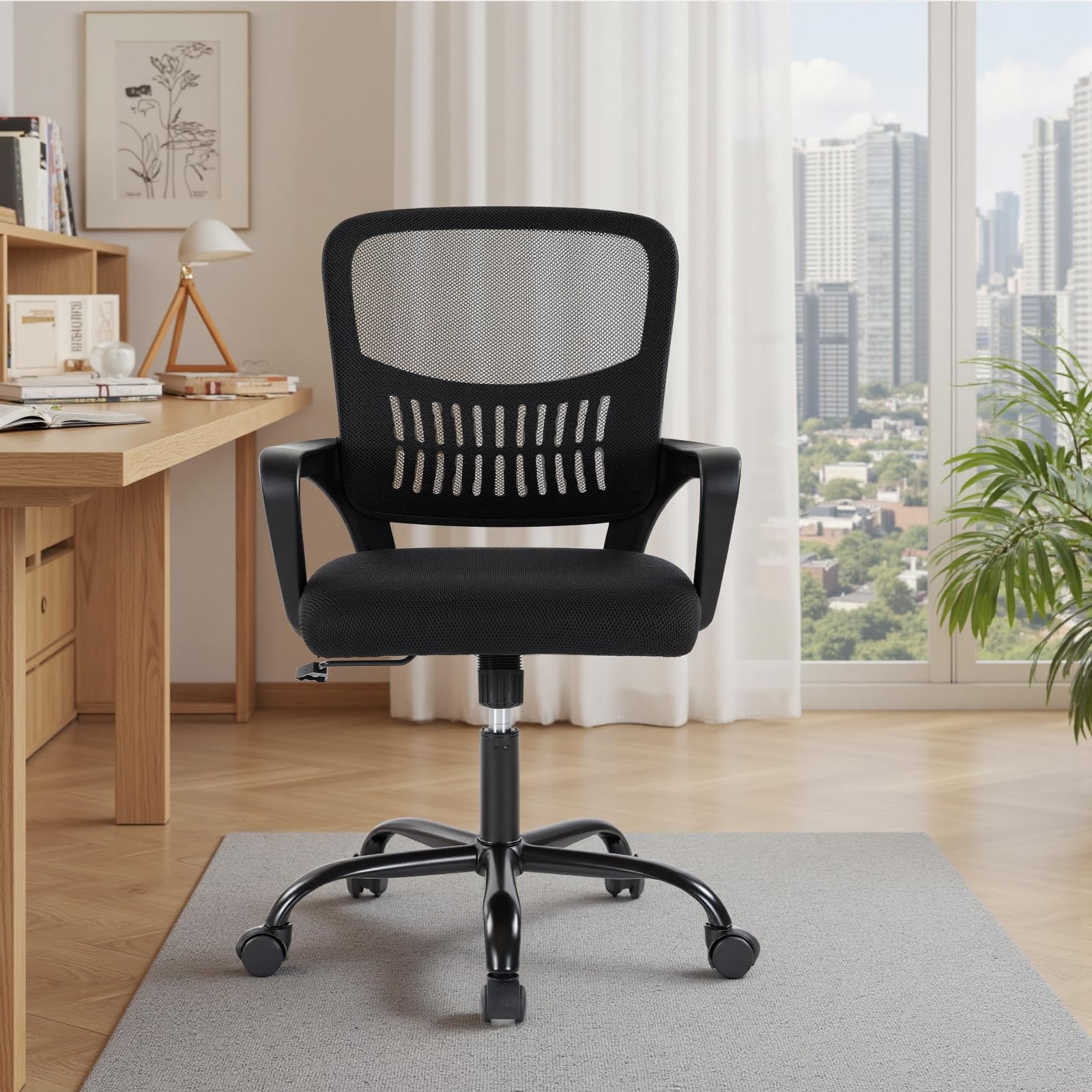 DUMOS Home Office Computer Chair - Ergonomic Mid Back Desk with Lumbar Support and Rocking Mode, Height Adjustable with Fixed Armrest, for Conference Meeting Room, 360° Swivel, Adults, Black