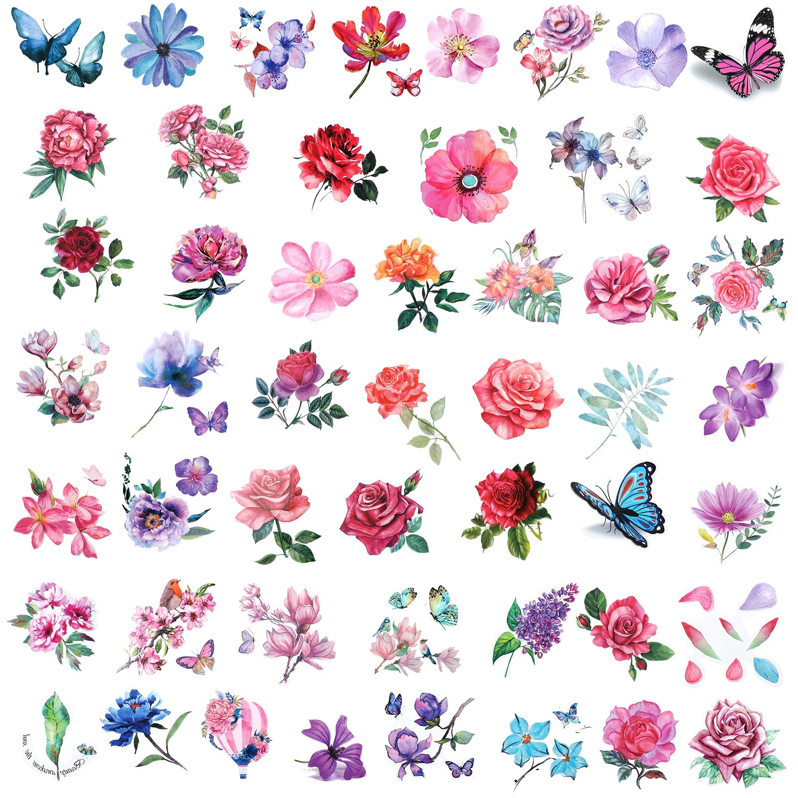 Temporary Tattoo, 50 PCS 3D Flower Tattoo Stickers Waterproof Butterfly Temp Tattoos Realistic Rose Peony Lavender Leaf Semi Permanent Fake Tattoos Watercolor Floral Body Art Stickers for Women Girls