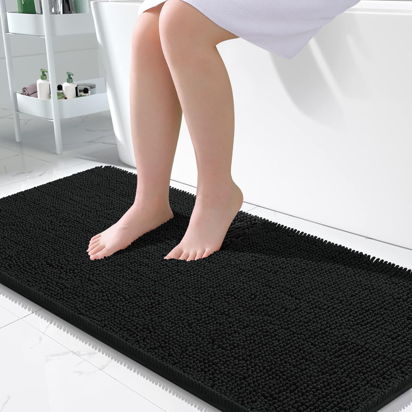 OLANLY Large Bathroom Rugs 50x30, Extra Soft Absorbent Chenille Bath Rugs | Black, Quick-Drying Rubber Backing, Machine Washable Bath Mat for Bathroom Floor, Tub and Shower, Home Decor Accessories