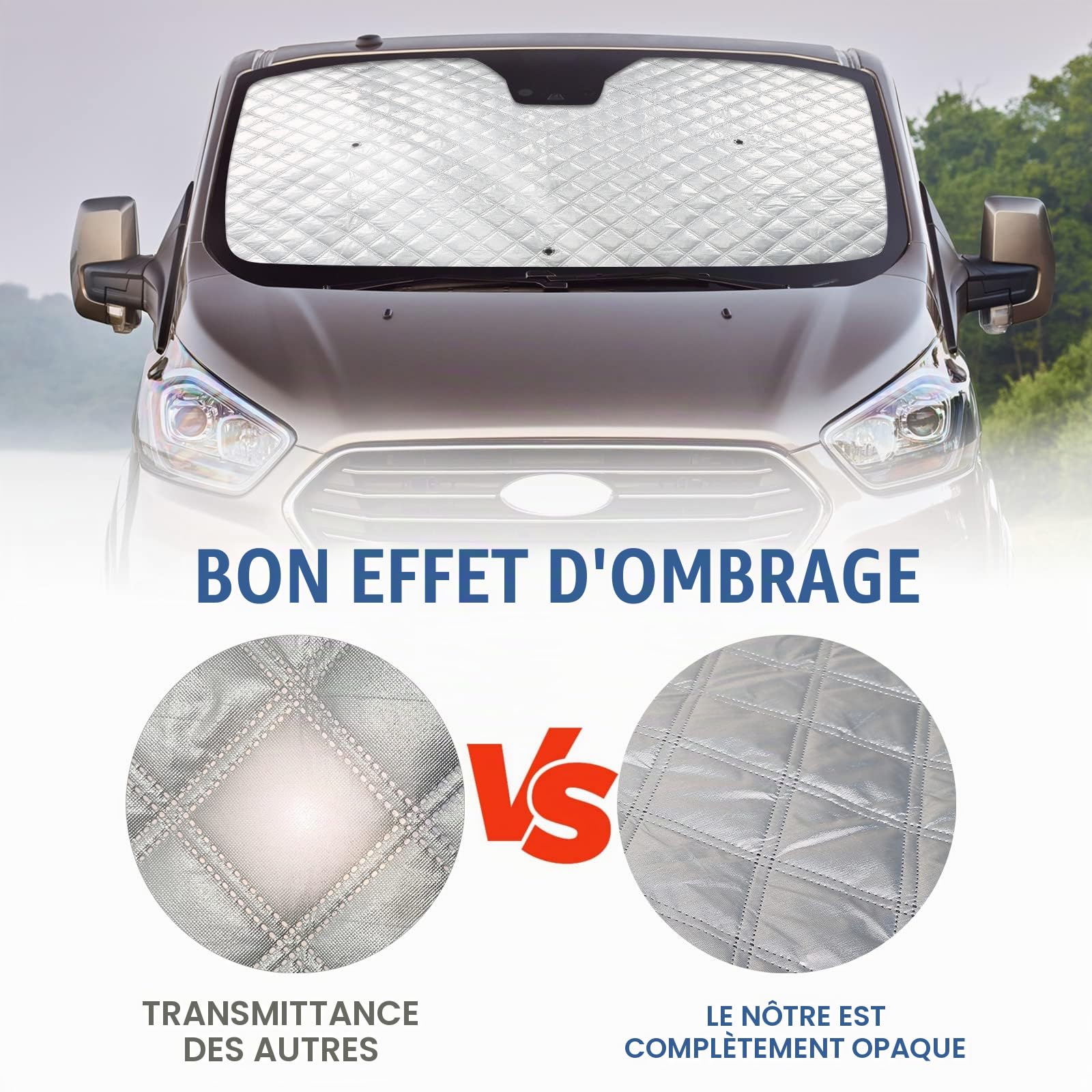 Pare-Soleil pour Pare-Brise de Camping Car Compatible avec Ford Transit Custom 2012-2022, Lot de 3 Pare-Soleil Thermiques Internes avec Sac de Rangement, 100% Occlusion