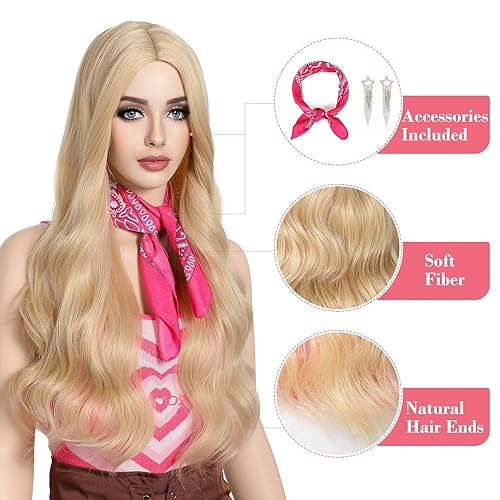 Miniatura 2 de REECHO Pelucas rubias para cosplay, disfraz de mujer, peluca rubia ondulada de 26 pulgadas de largo, parte media, juego de pelucas sintéticas para