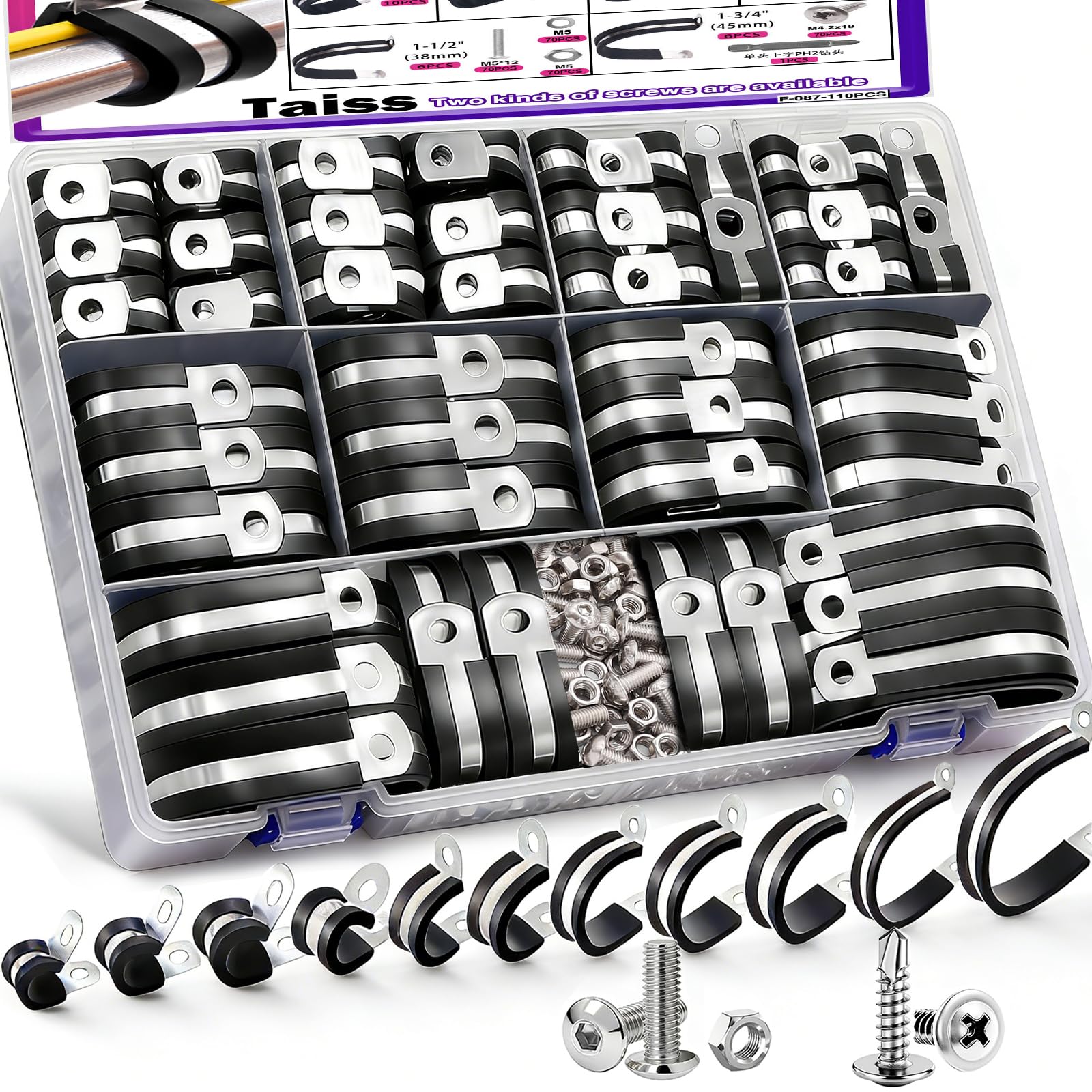 Taiss 270PCS Cable Clamps Assortment Kit,304 Stainless Steel Rubber Cushion Insulated Wire Pipe Clamps,10 Sizes 1/4" 5/16" 3/8" 1/2" 5/8" 3/4" 1" 1-1/4" 1-1/2" 1-3/4" Loop Clamps With screws