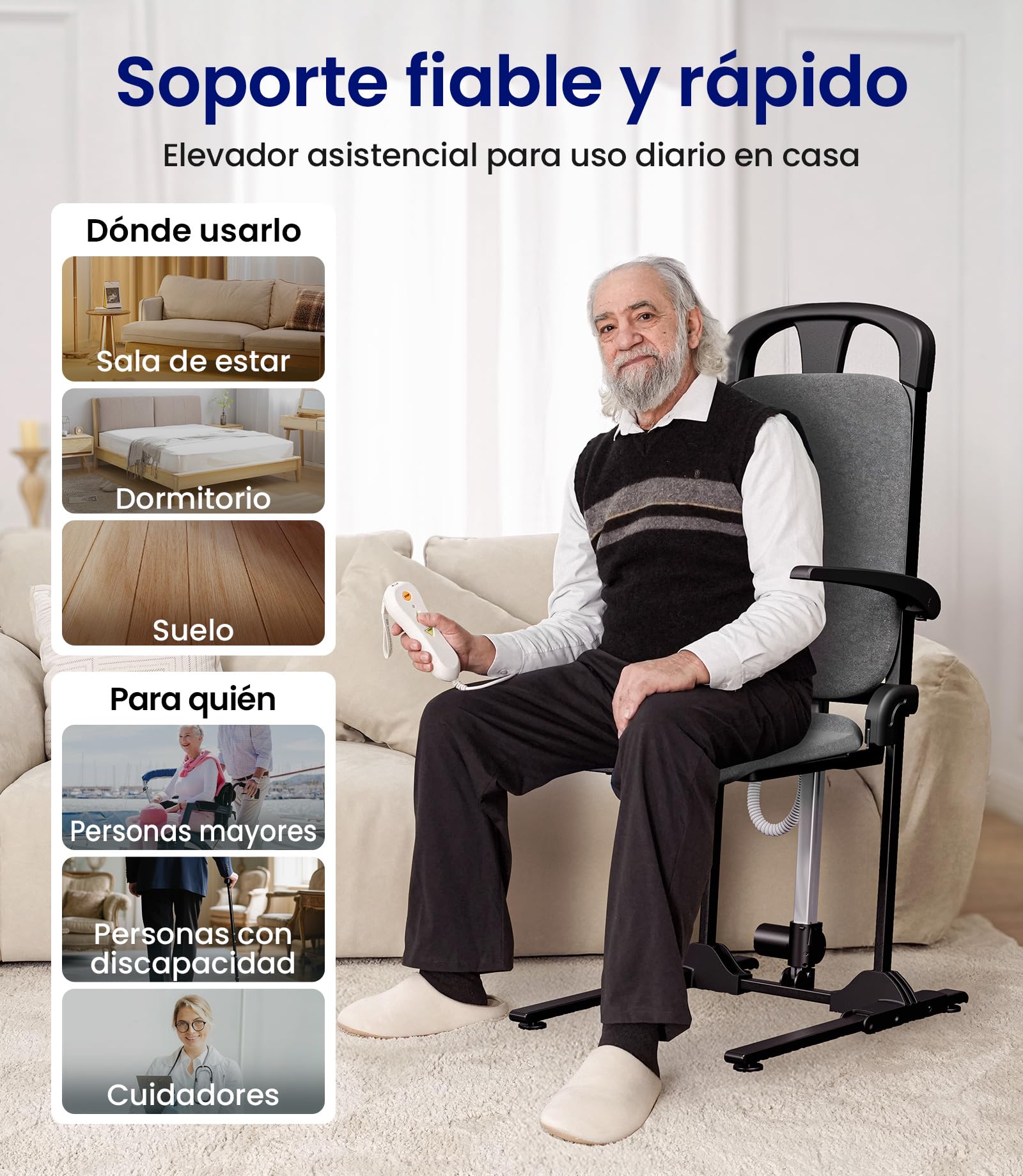 VOCIC AX15 Sillón Elevador eléctrico 200 kg, Robusto y Plegable | Mayores cuidado hogar, ayuda levantarse tras caída, transferencia cama silla ruedas, acero espuma memoria tejido gris