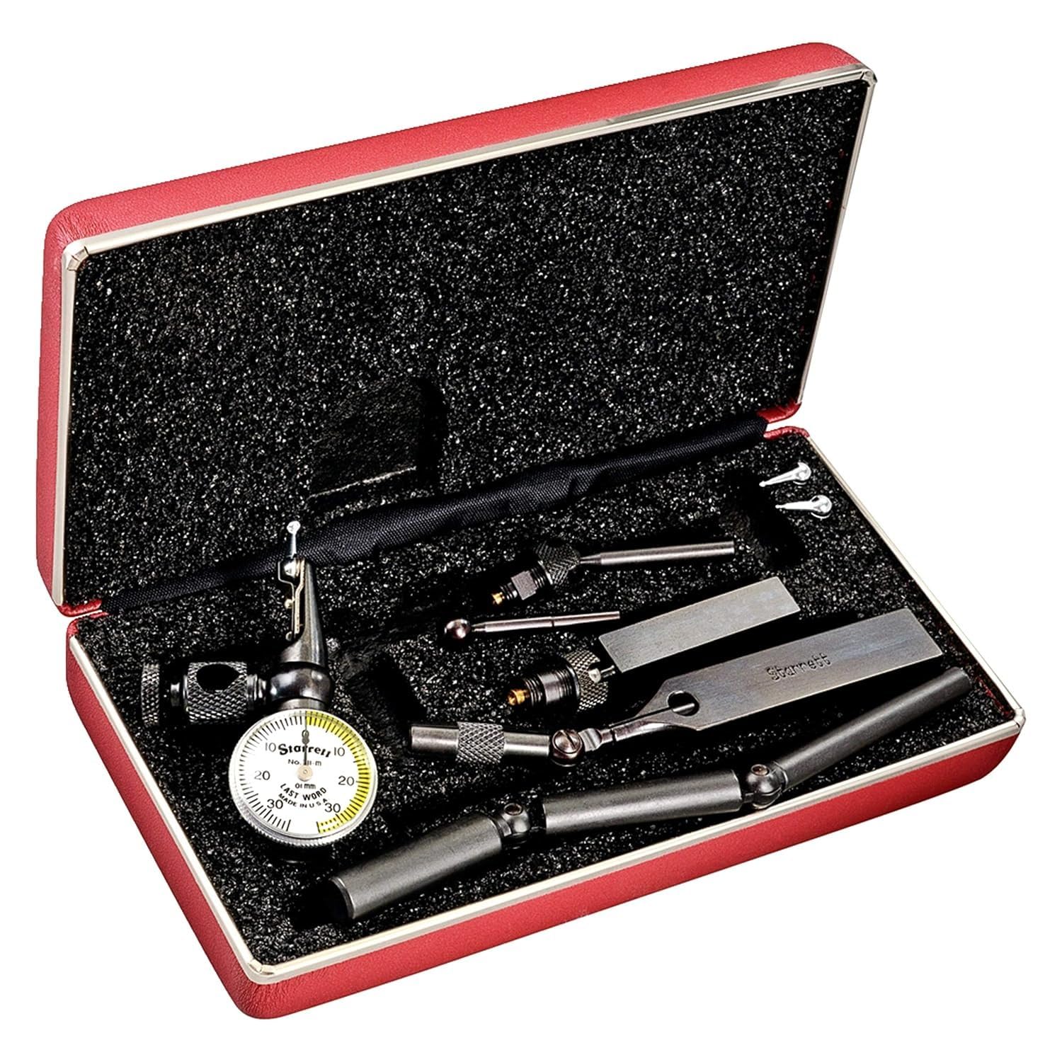 Starrett 711 Last Word Dial Test Indicator with All Attachments and Case - White Half Shaded Face, 0.7mm Range, 0-35-0 Dial Reading, .01mm Graduations