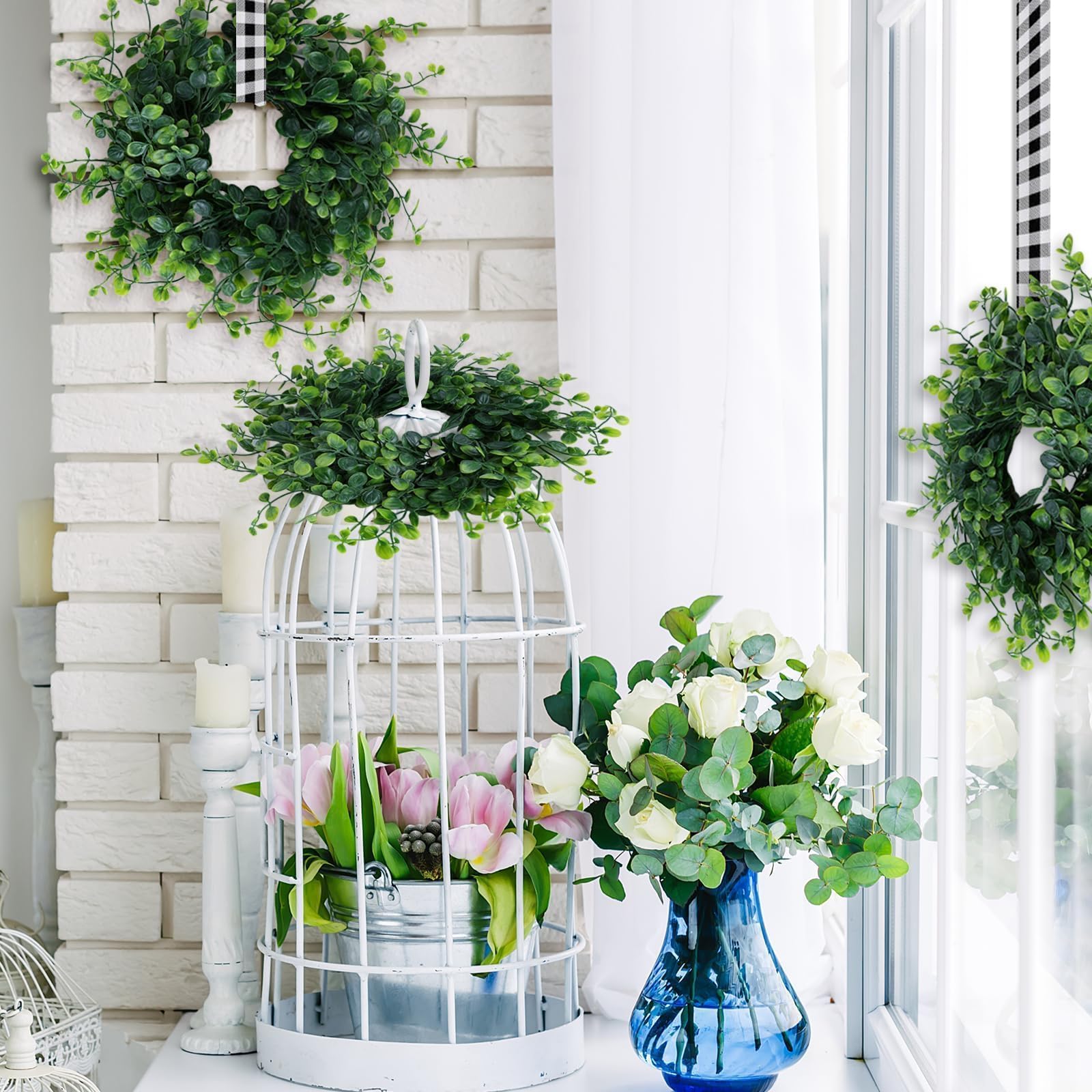 Kerzenringe für Frühling und Sommer, grüne Buchsbaumkränze, 7,6 cm, grüne Buchsbaumkerzenringe, Säulen, Küchenschrank, Kränze, Mini-Kerzenkranz für Hochzeit, Party, Dekoration, 4 Stück