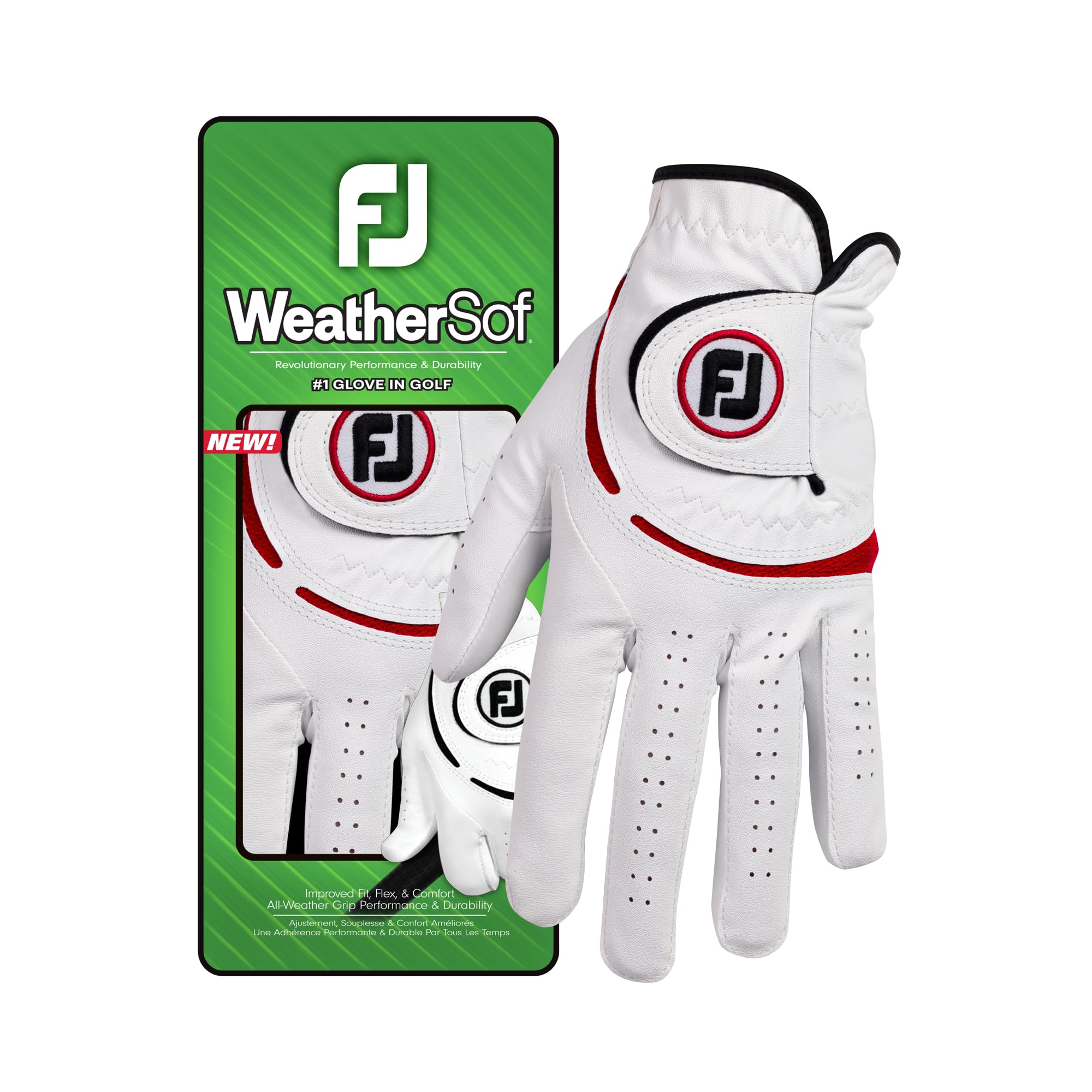 FootJoy WeatherSof Men's Golf Glove, Left Hand (for Right Handed Golfer), White/Red, S EU
