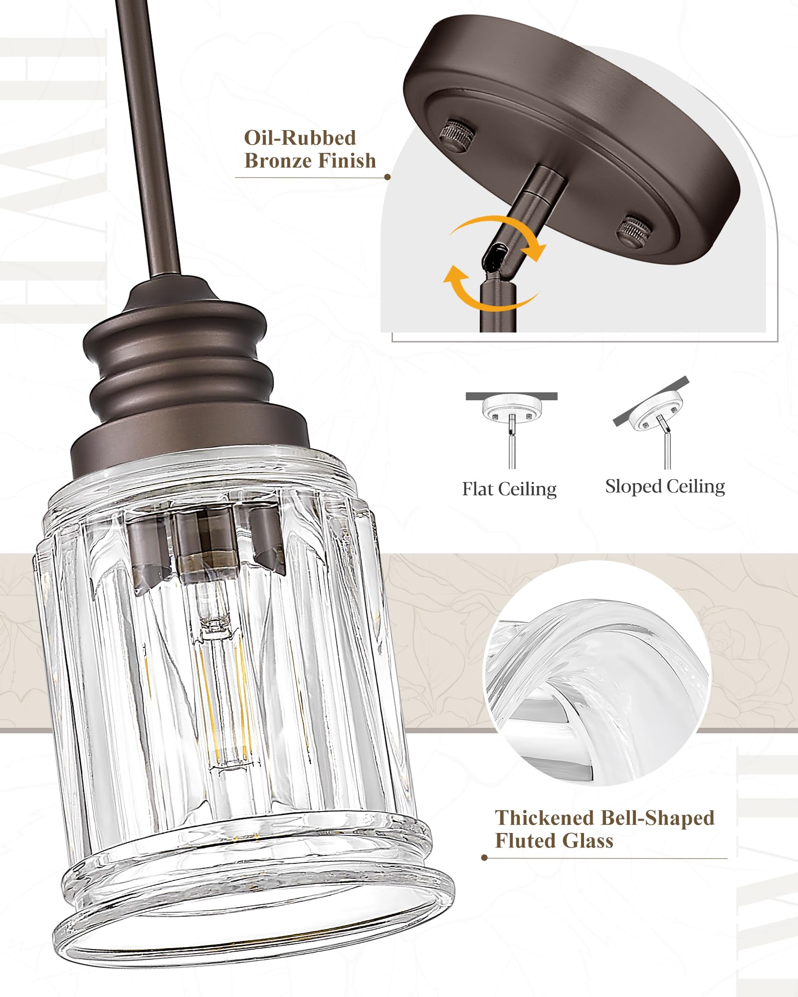 Farmhouse Pendant Light for Kitchen Island, HWH Oil-Rubbed Bronze Finish Pendant Light, Single 1-Light Hanging Light Fixture, Bell-Shaped Fluted Clear Glass, 5HZG106MIL-L ORB