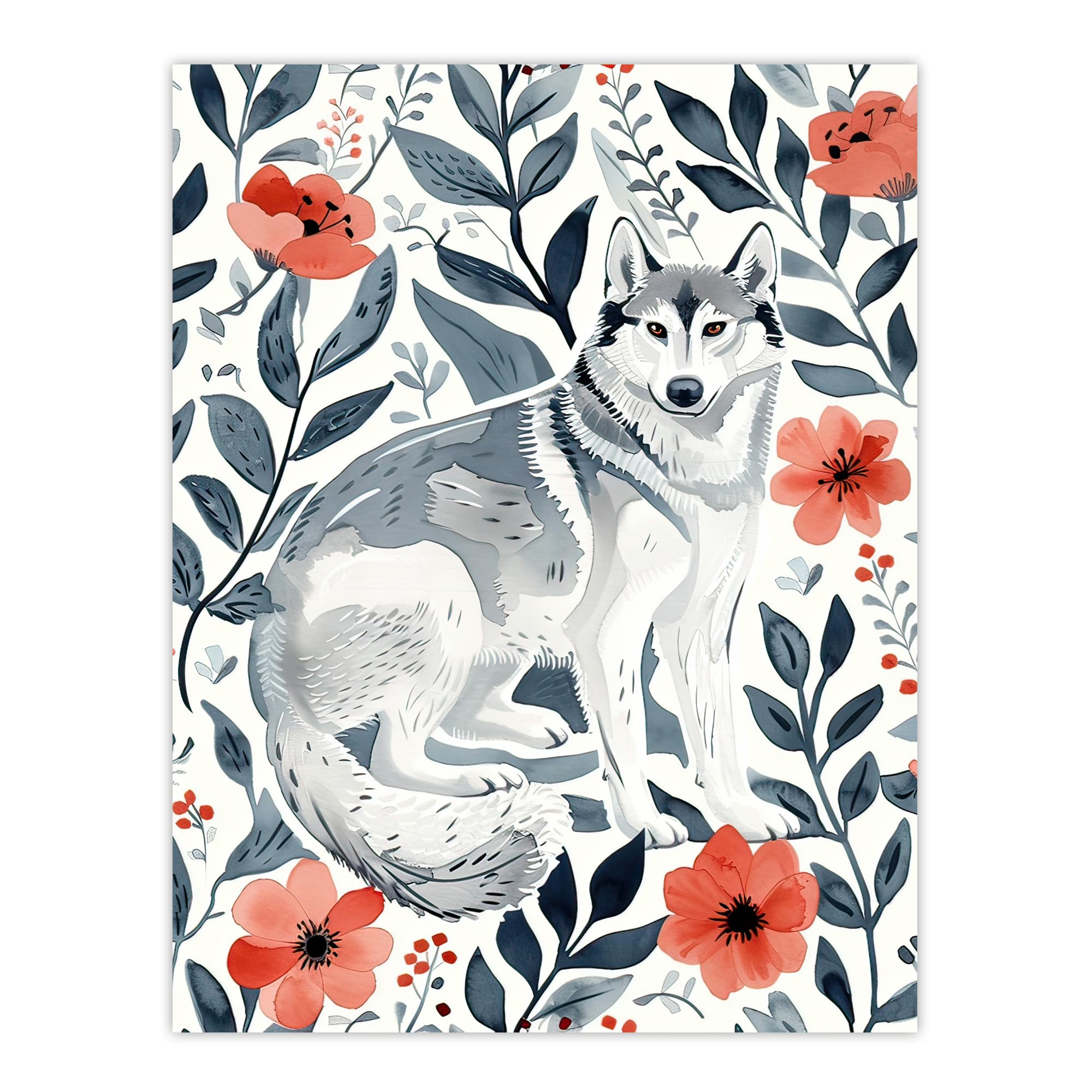 Artery8 Siberian Husky in Poppy Flower Pattern Dog Lover Living Room Large Wall Art Poster Print Thick Paper 18X24 Inch