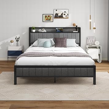 King Size Bed Frame With Storage Headboard, Dark Grey