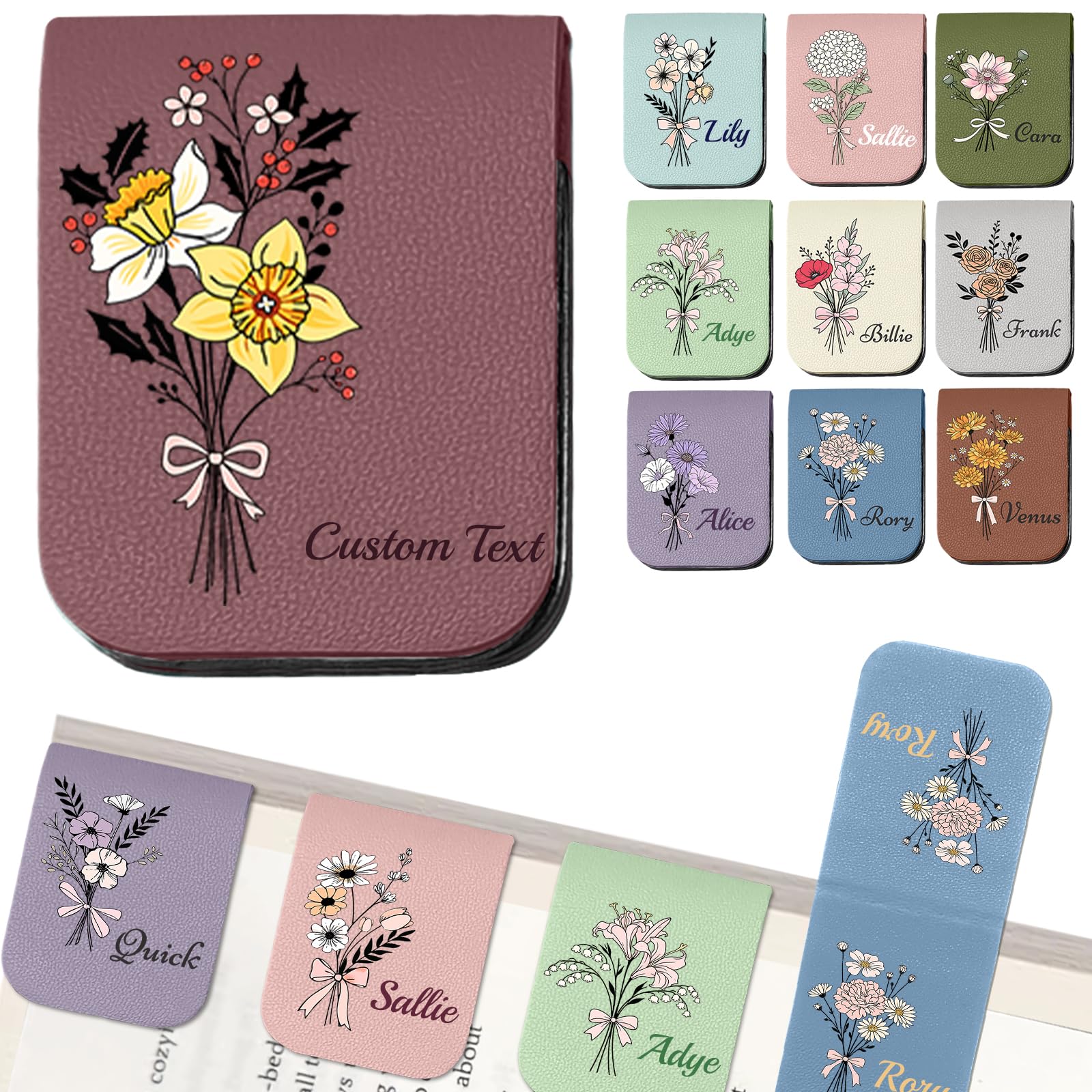 Personalised Leather Magnetic Bookmark with Name Birth Flower Custom Book Marks Clip Customised Gifts for Reading Women Book Lovers Reader-Birthflower1