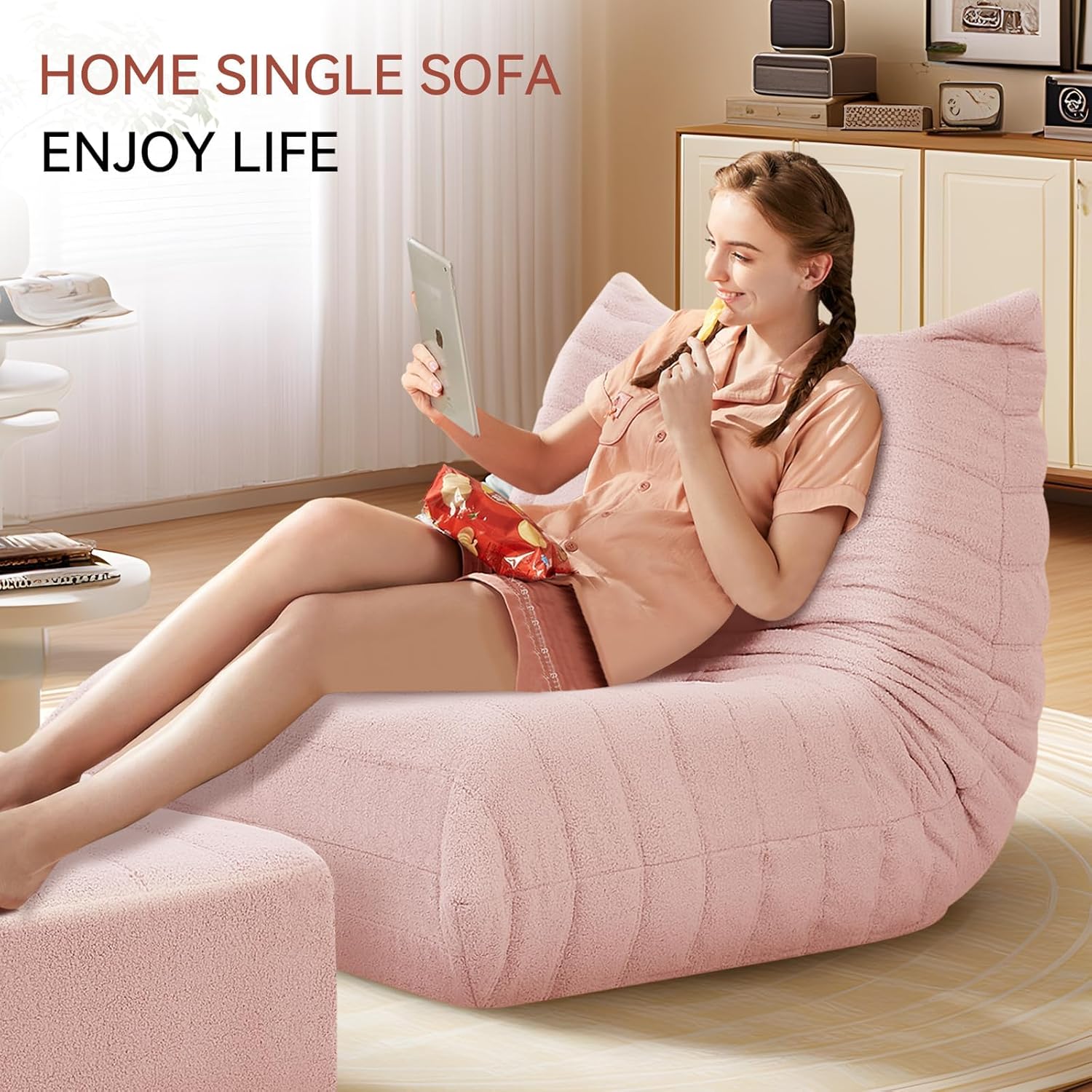 Bean Bag Chair with Ottoman, Comfy BeanBag Chairs for Adults,Giant Bean Bag Lounger with Memory Foam Filled,Teddy Lazy Sofa Reading Chair for Bedroom, Living Room,Dorm,Pink