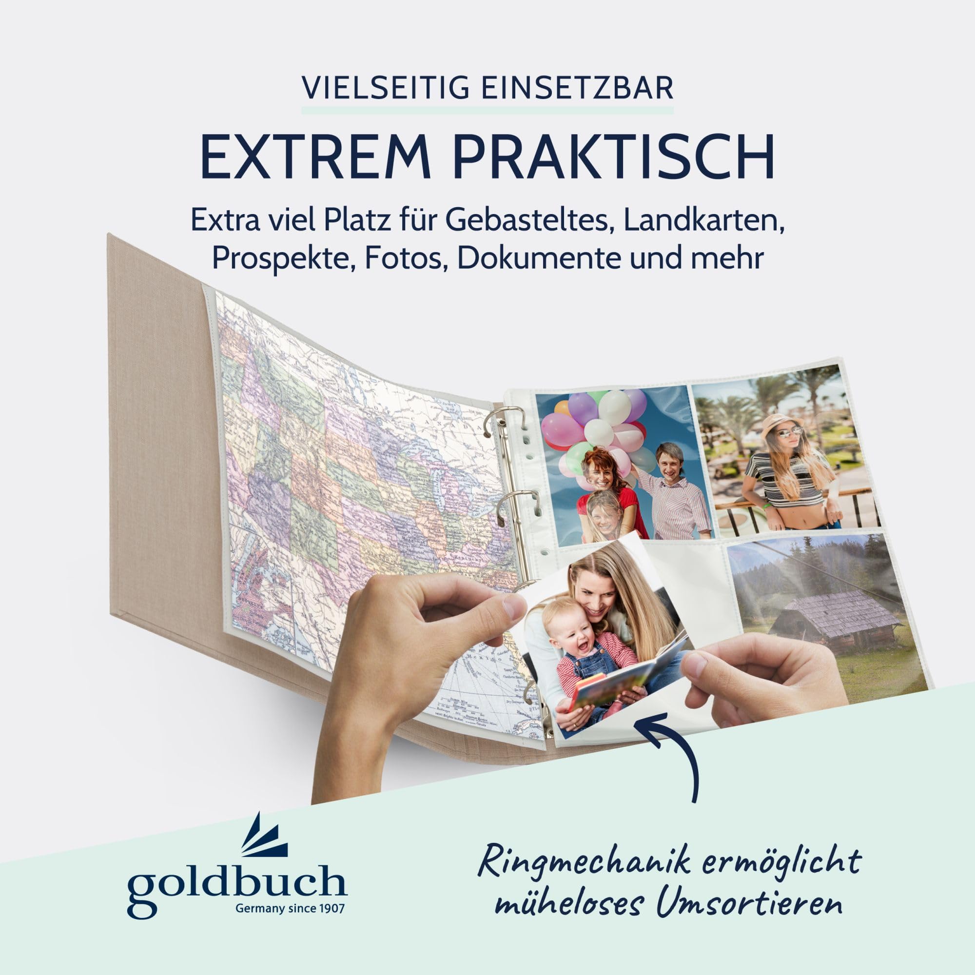 goldbuch 37 211 Ringbuch A4 Summertime Beige, Ordner, Maße 32 x 27,5 x 4,5 cm, Hefter mit 4-Ringmechanik und Klemmbügel, Ringordner Format DIN A4, Einband aus Leinen, Heftordner Hellbraun