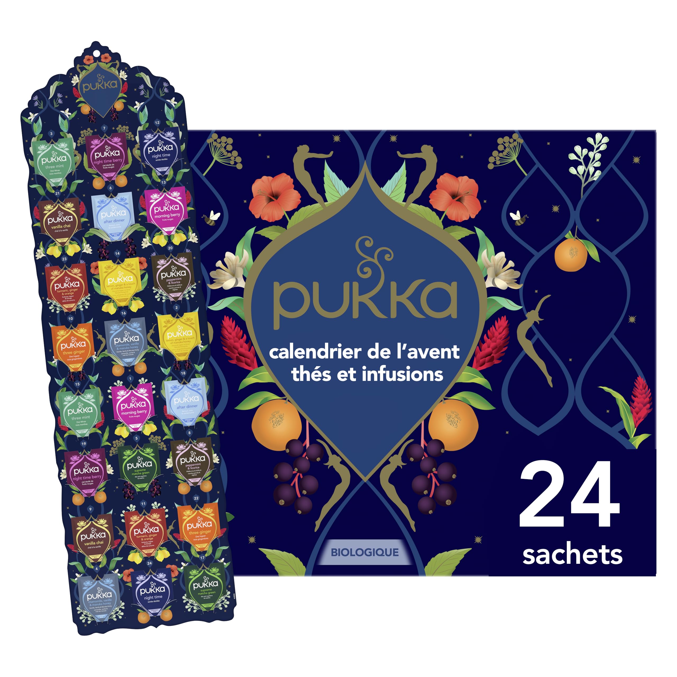Pukka Calendrier de l'Avent Thé Vert et Infusions 2025 | Idée cadeau de Noel pour offrir Homme et Femme | Sélection de Thés Bio | Ingrédients Biologiques | 24 Sachets de Thé