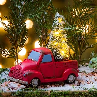 Christmas Truck with LED Light Up Tree Table Decor Miniature Home Ornaments Figurine for Holiday, Red, 4.25" W x 2.25" D x 4" H