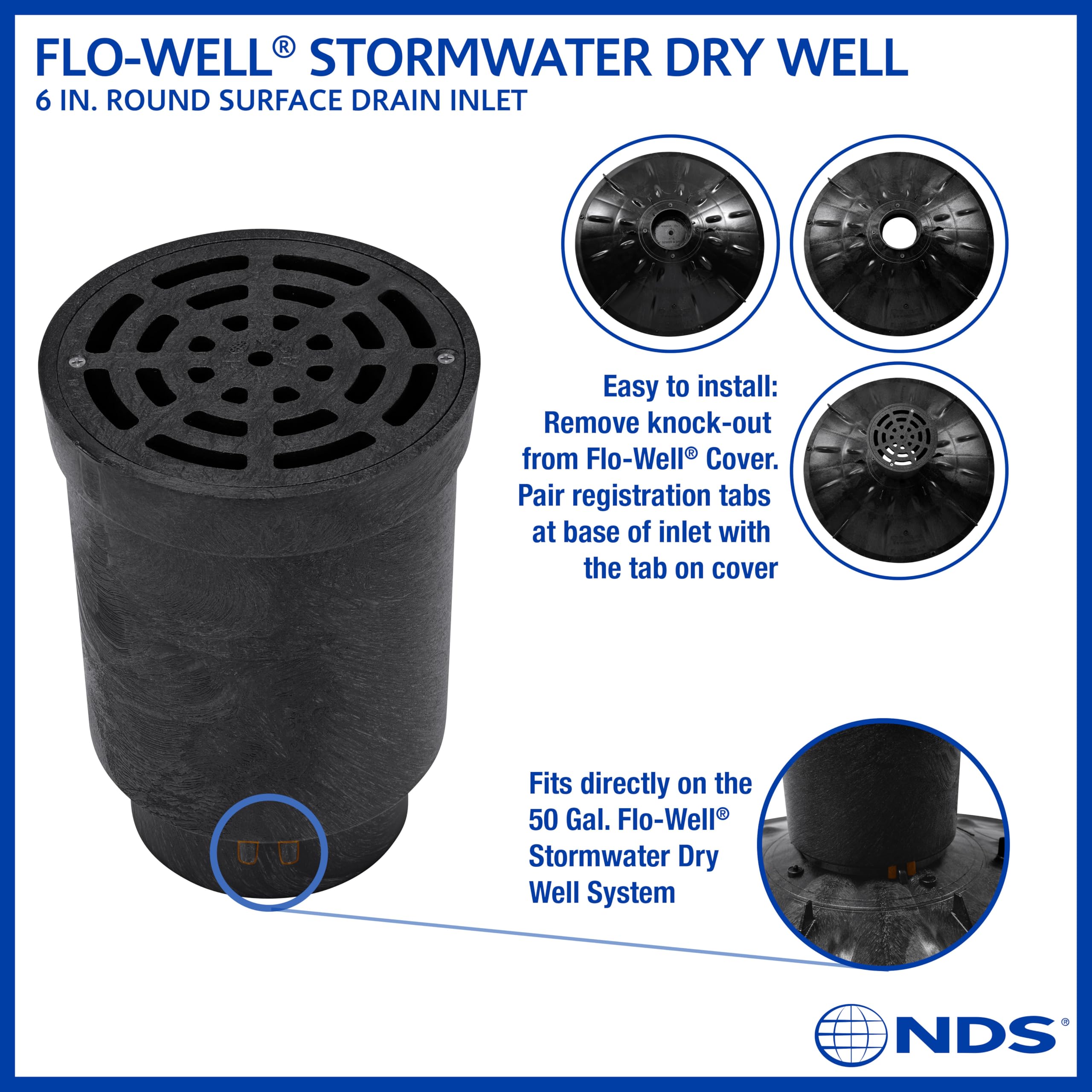 NDS, FWAS24, Contenedor para 190 litros de Agua Kit de Sistema de Pozo seco de Aguas pluviales FLO con 3 Paneles Laterales y 1 Cubierta, Ideal para recolección de Agua de Lluvia, Negro