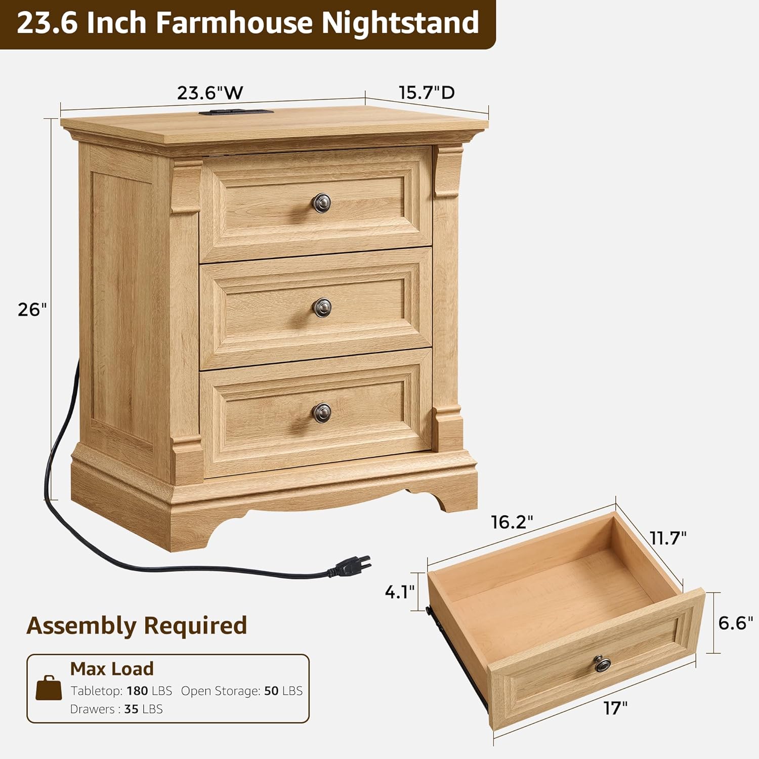 T4TREAM Farmhouse 26" Tall Nightstand with Charging Station, 23.6" End Table with 3 Drawers Storage, Wood Side Table w/Roman Column, Bedside Cabinet for Bedroom, Living Room, Oak