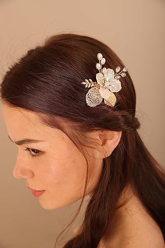 Miniatura 2 de Peine de pelo con diamantes de imitación de cristal de hoja de oro para novia, con perlas de diamantes de imitación, accesorios para el cabello de