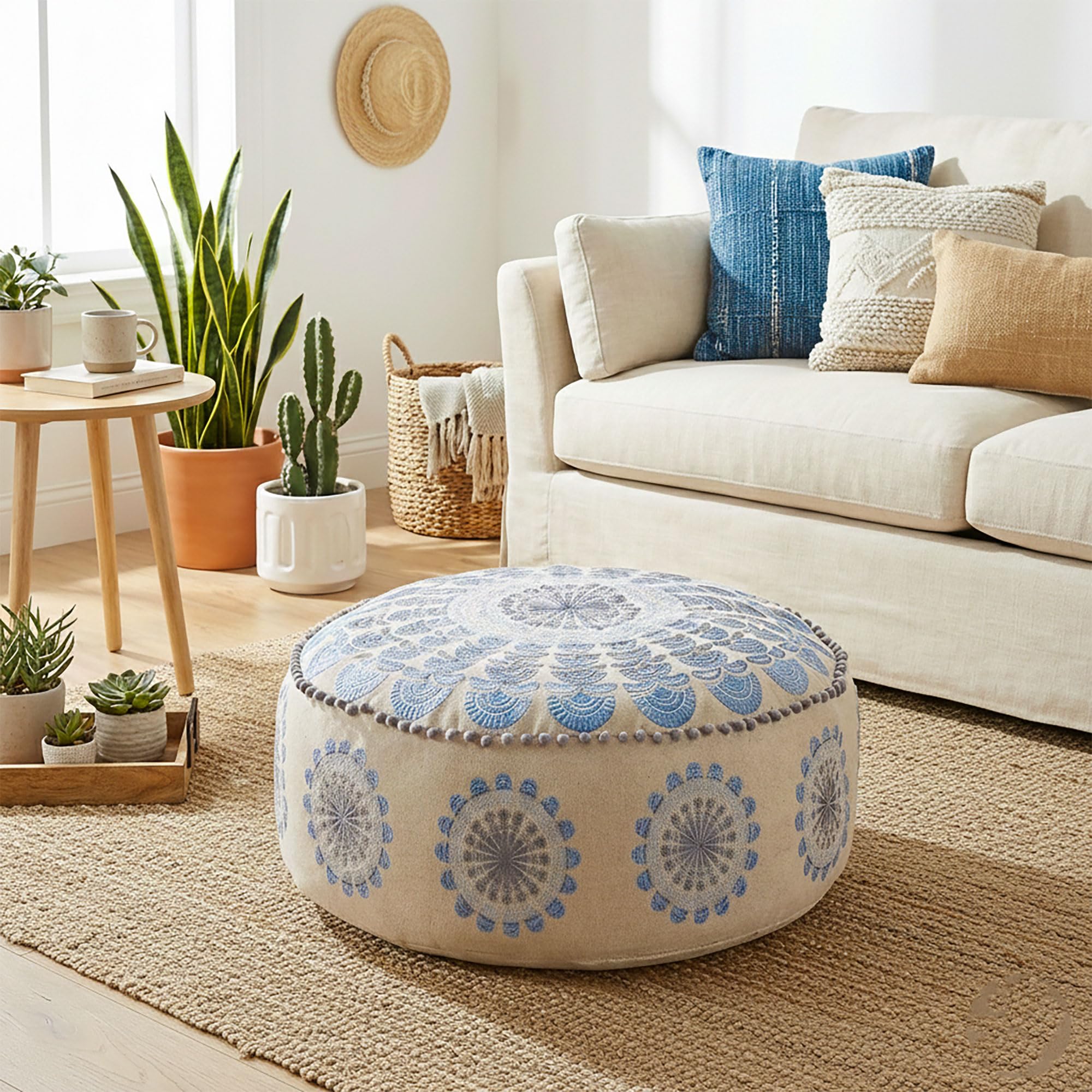 Mandala Life ART Blauer Pouf Rund Mit Ponpon Sitzpouf Groß Dekorist Cozy Groß Bodenkissen Boho Haustierbett Orientalische Sitzecke 100% Baumwolle Ungefüllt 60X20Cm