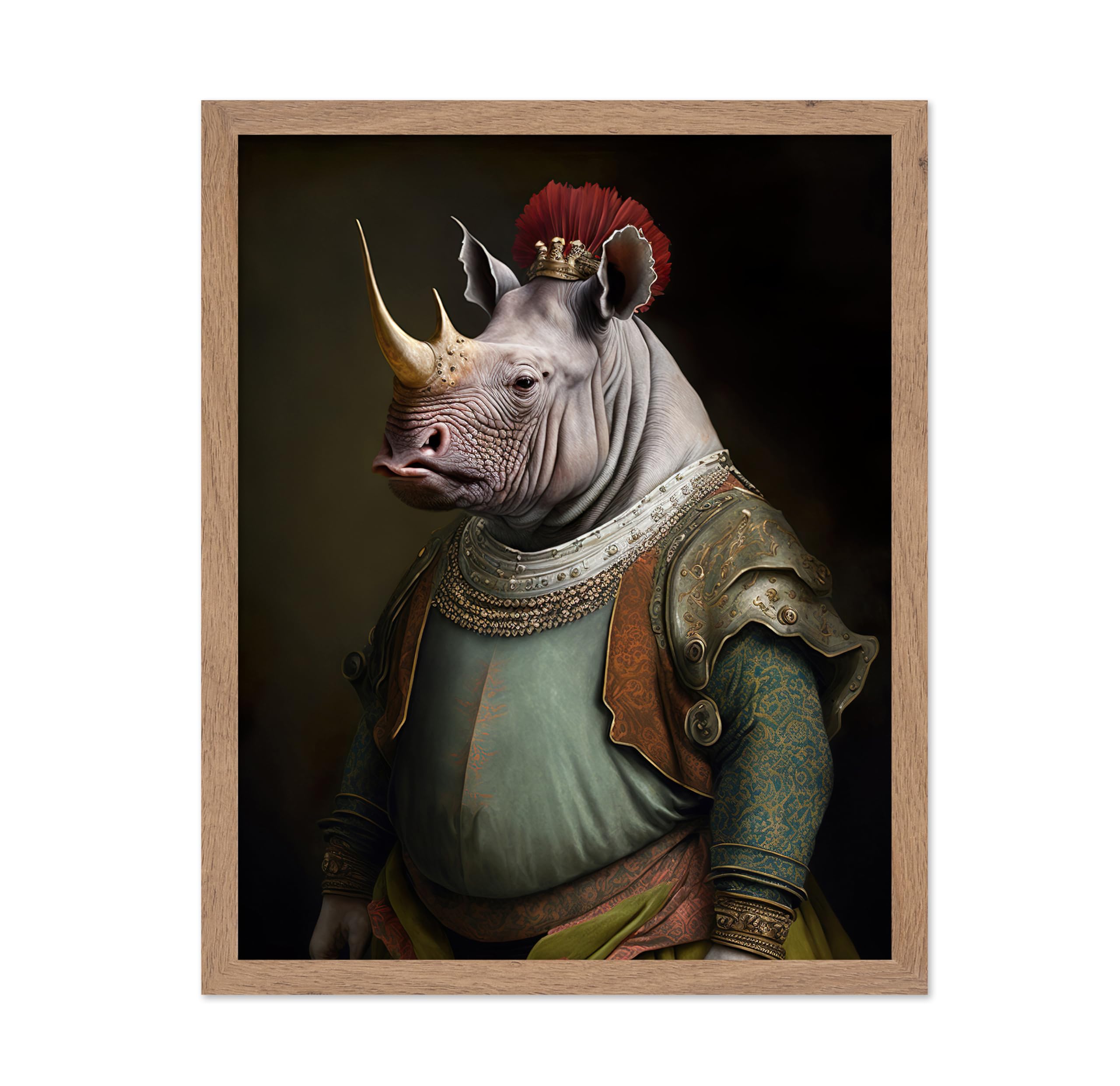 Poster Master Renaissance Animal Poster - Retro Funny Print - Gift for Artist, Friend - Aristocratic Rhino, Renaissance, Formal Attire, Portrait - Wall Decor for Home, Kitchen, 8x10 Beige Framed