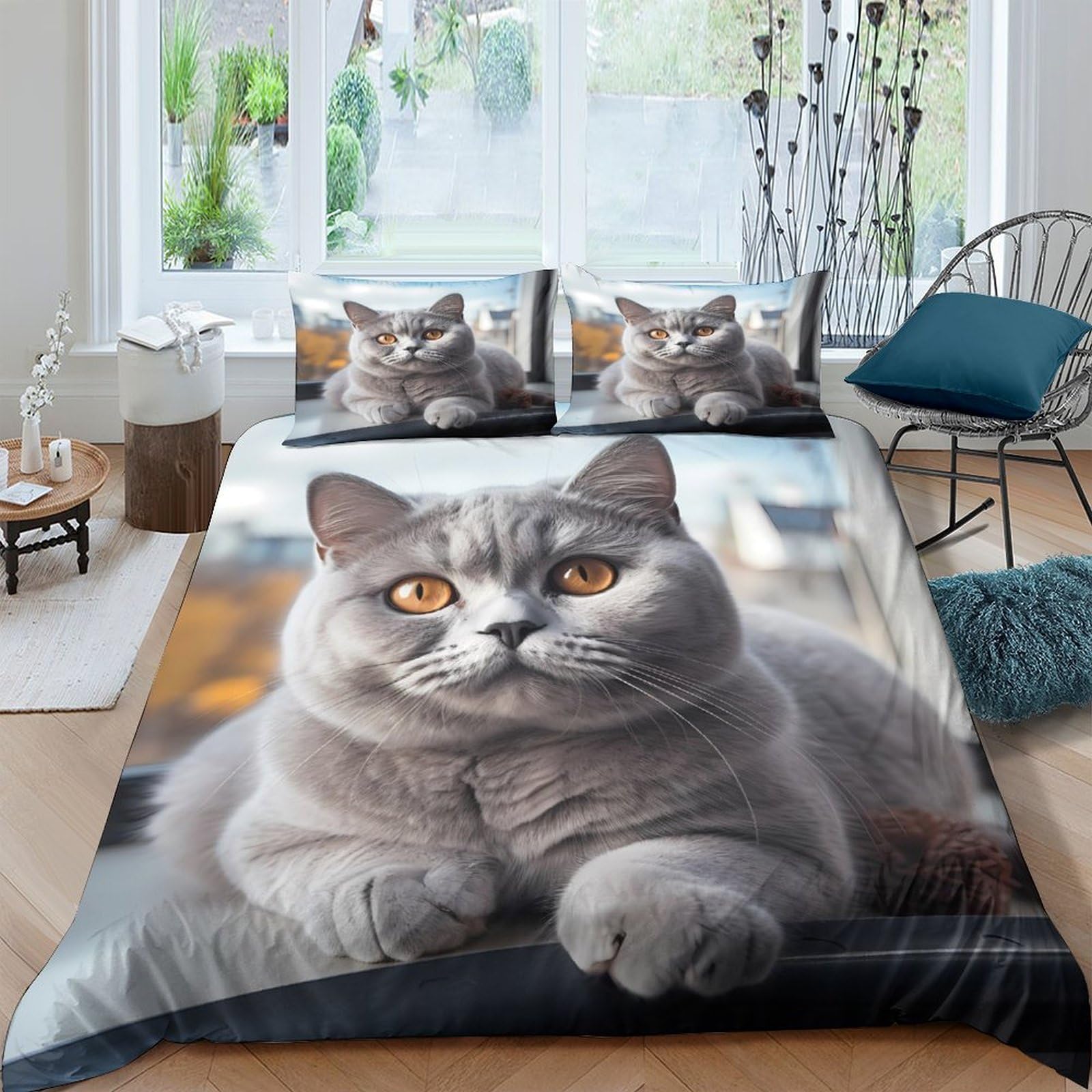 Ctjqhvkz Style-4 3D Printed Grey Cat Fitted Sheet Microfiber Soft Bedroom Decor Realistic Animal Mattress Cover For Home Dorm Use Single（135X200cm）
