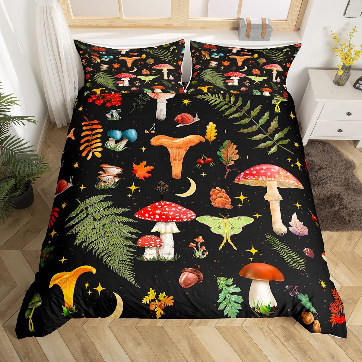 richhome Mushroom Duvet Cover Lovely Cartoon Jungle Wild Plants Bedding Set for Kids Teens Adults Glitter Stars Outdoor Leaves Rustic Style Comforter Cover with 2 Pillowcases Super King Size 3 Pcs