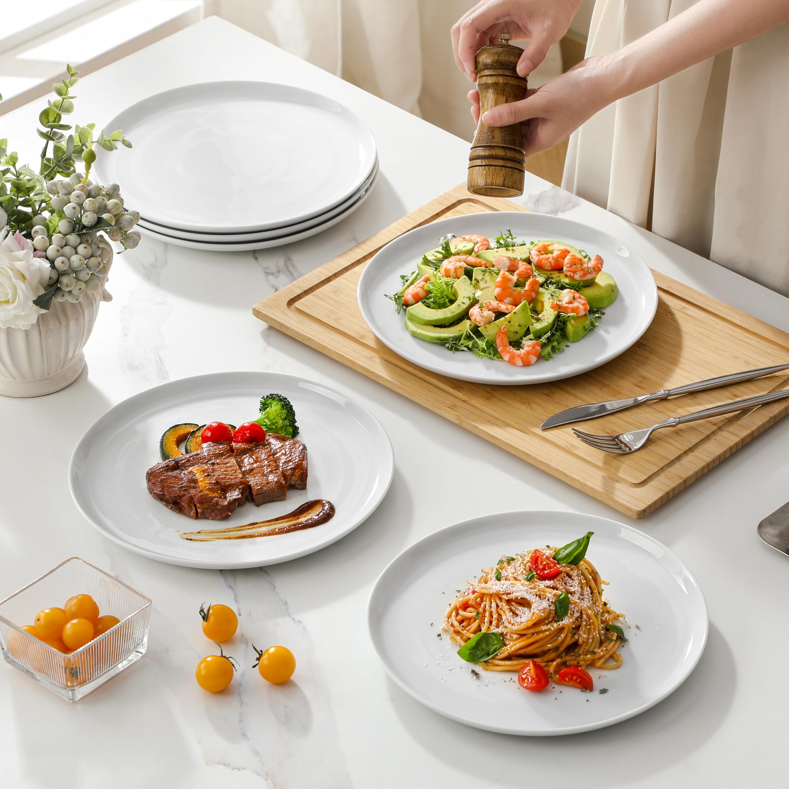 MALACASA Piatti Piani Bianchi in Porcellana, 26CM Grandi Servizio Piatti Moderni 6 Persone per Insalata, Pasta, Pizza, Panino, Dessert, Ristorante - Serie LEXI