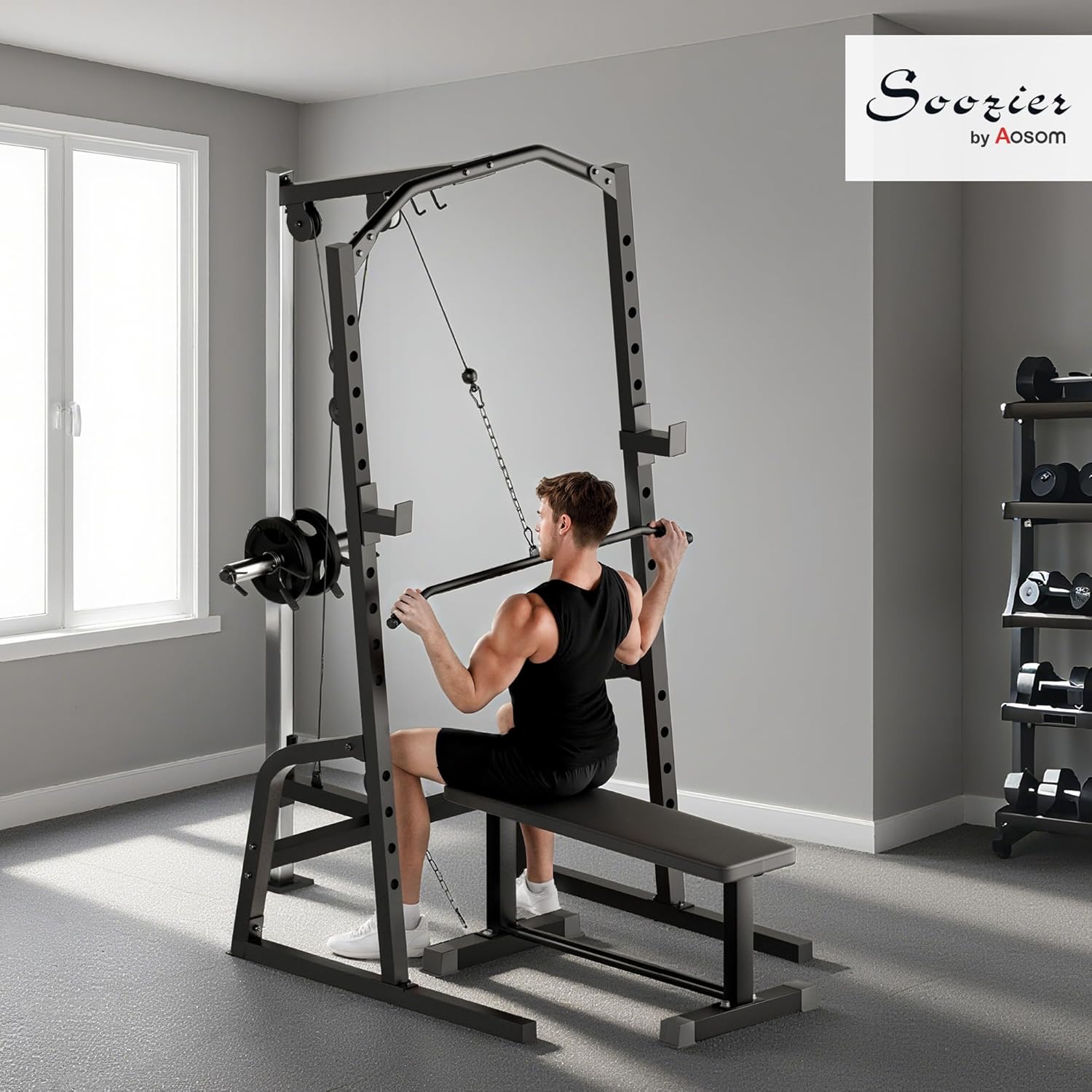 Soozier Soozier Power Cage – Multi-Functional Rack with Cable Pulley & 15-Level Squat Stand - Image 2