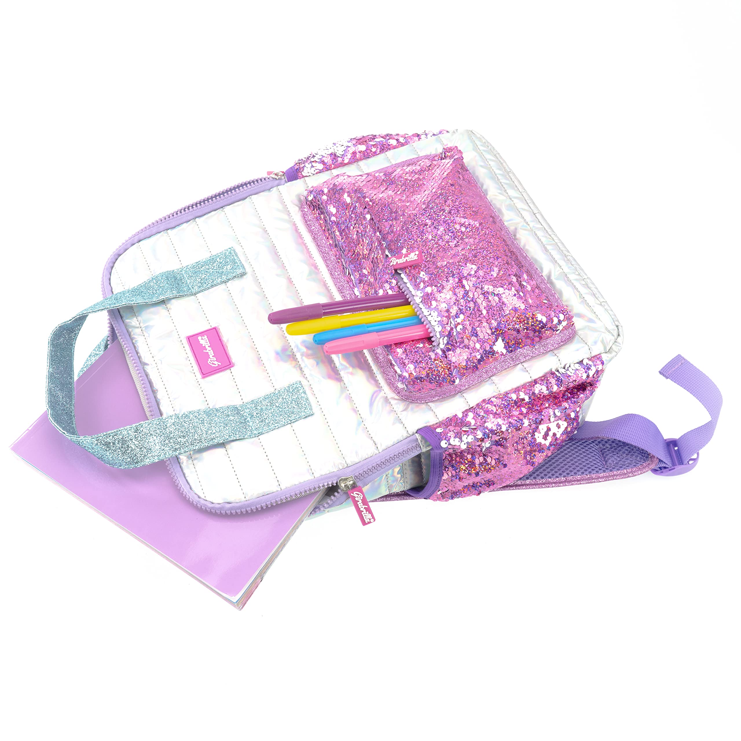 Girabrilla Nice Group Zaino da Scuola Puffer Glam per Bambine, con Tasche in Paillettes Reversibili e Colore Rosa