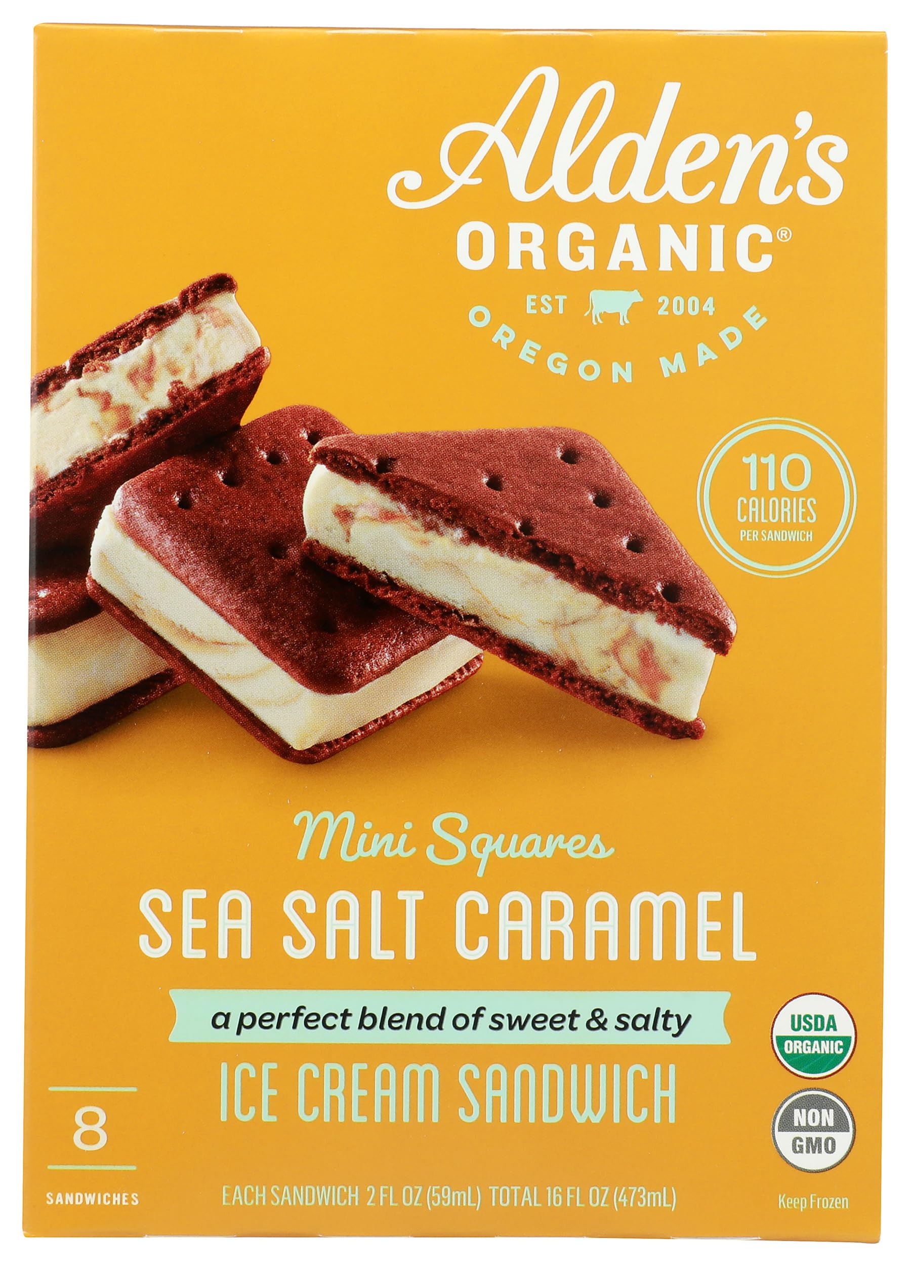 Aldens, Ice Cream Sandwich Square Salted Caramel Organic 8 Count, 16 Fl Oz