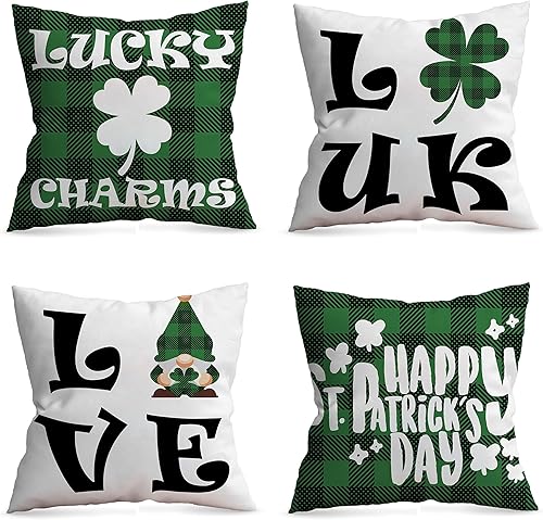 PIOEREMO Juego de 4 fundas de almohada para el día de San Patricio de 16 x 16 pulgadas fundas de almohada de búfalo verde primavera decoraciones de