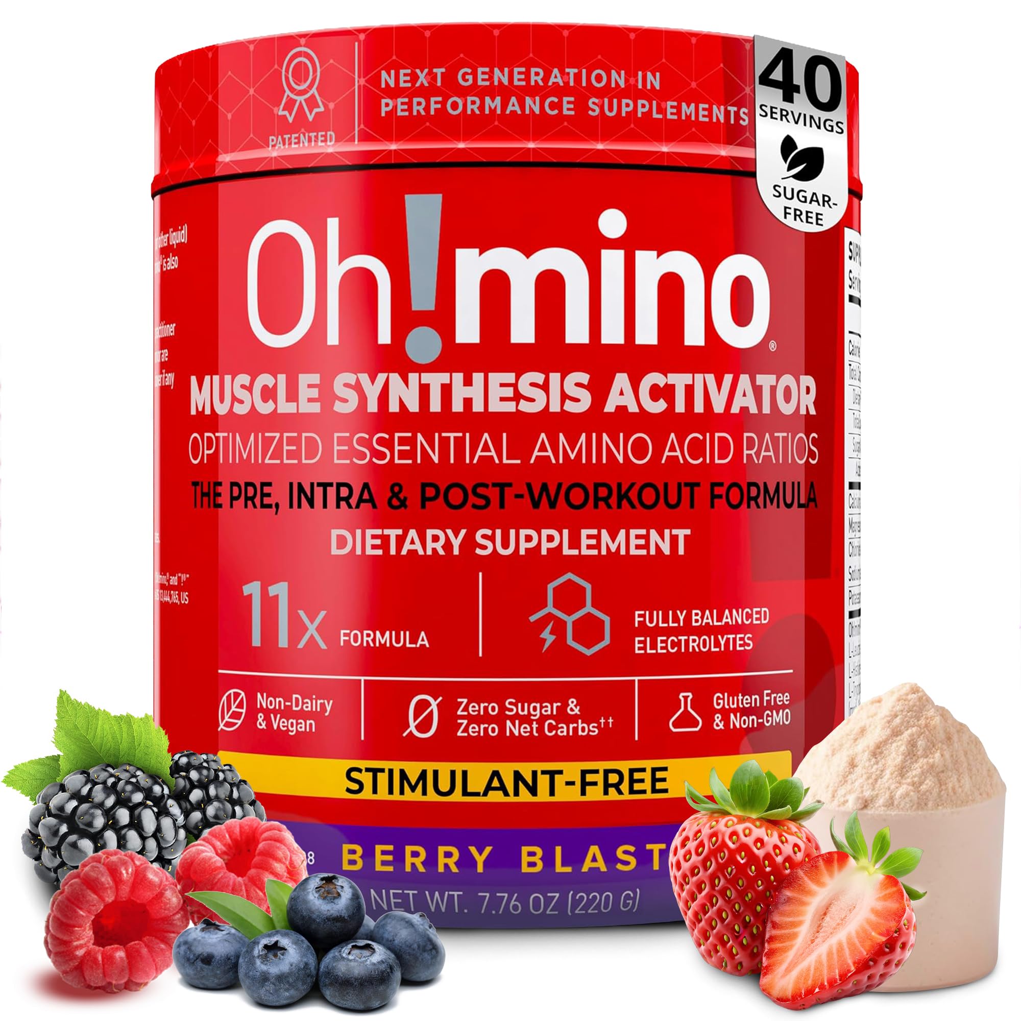 - Oh!mino Essential Amino Acids Supplement, Berry Blast, Stimulant-Free Powder, All 9 EAAs, BCAAs and The Perfect Amino for Workouts, Amino Energy, and to Build Muscle, and Recover Faster