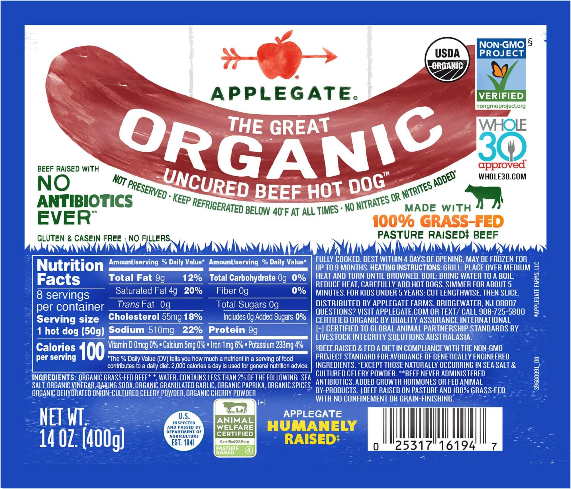 Applegate Farms Organic Uncured Beef Hot Dogs, 14 OZ