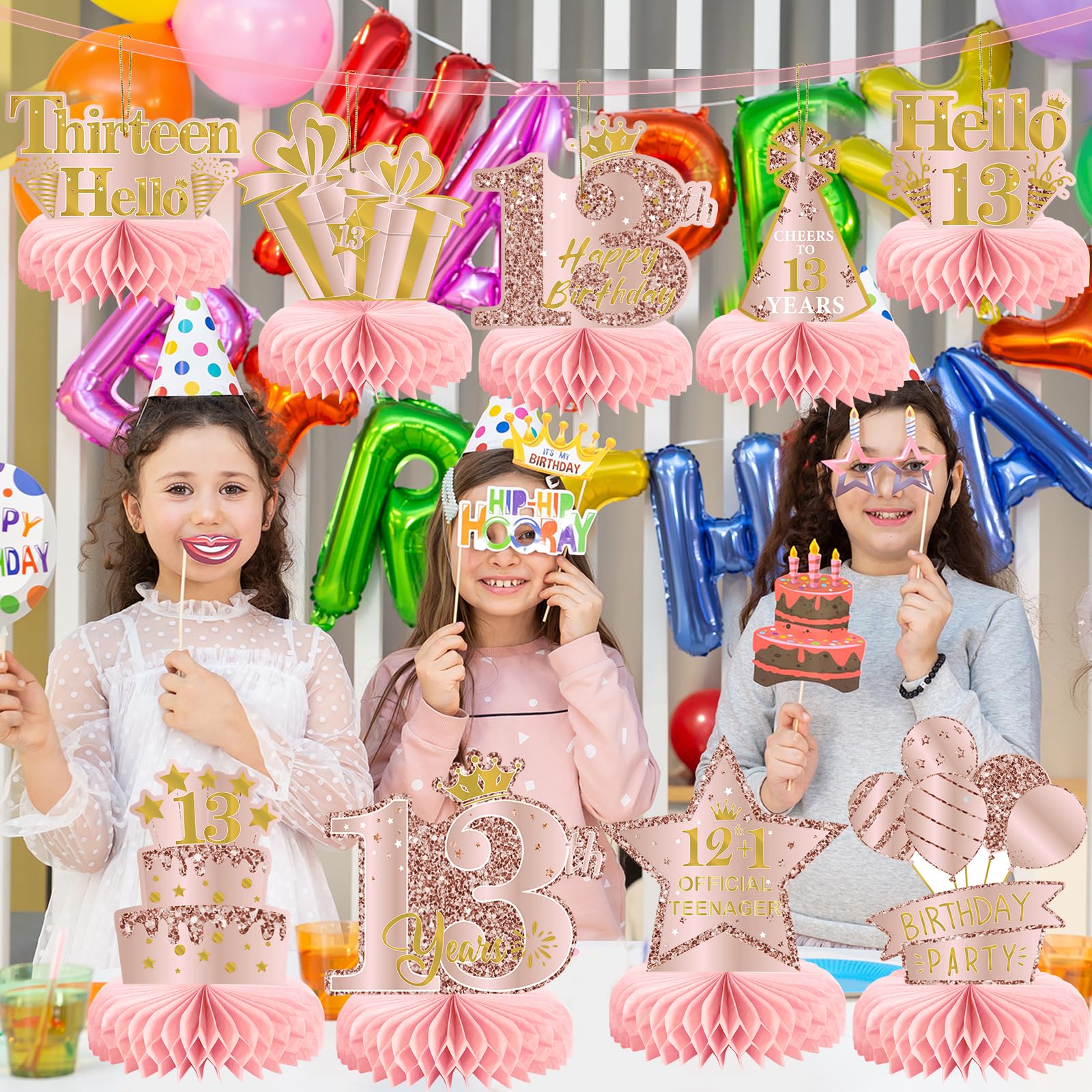 9 Centrotavola A Nido D'Ape Per 13° Compleanno - Decorazioni Tavolo Oro Rosa Con Scritta 'Hello Thirteen' Per Ragazze
