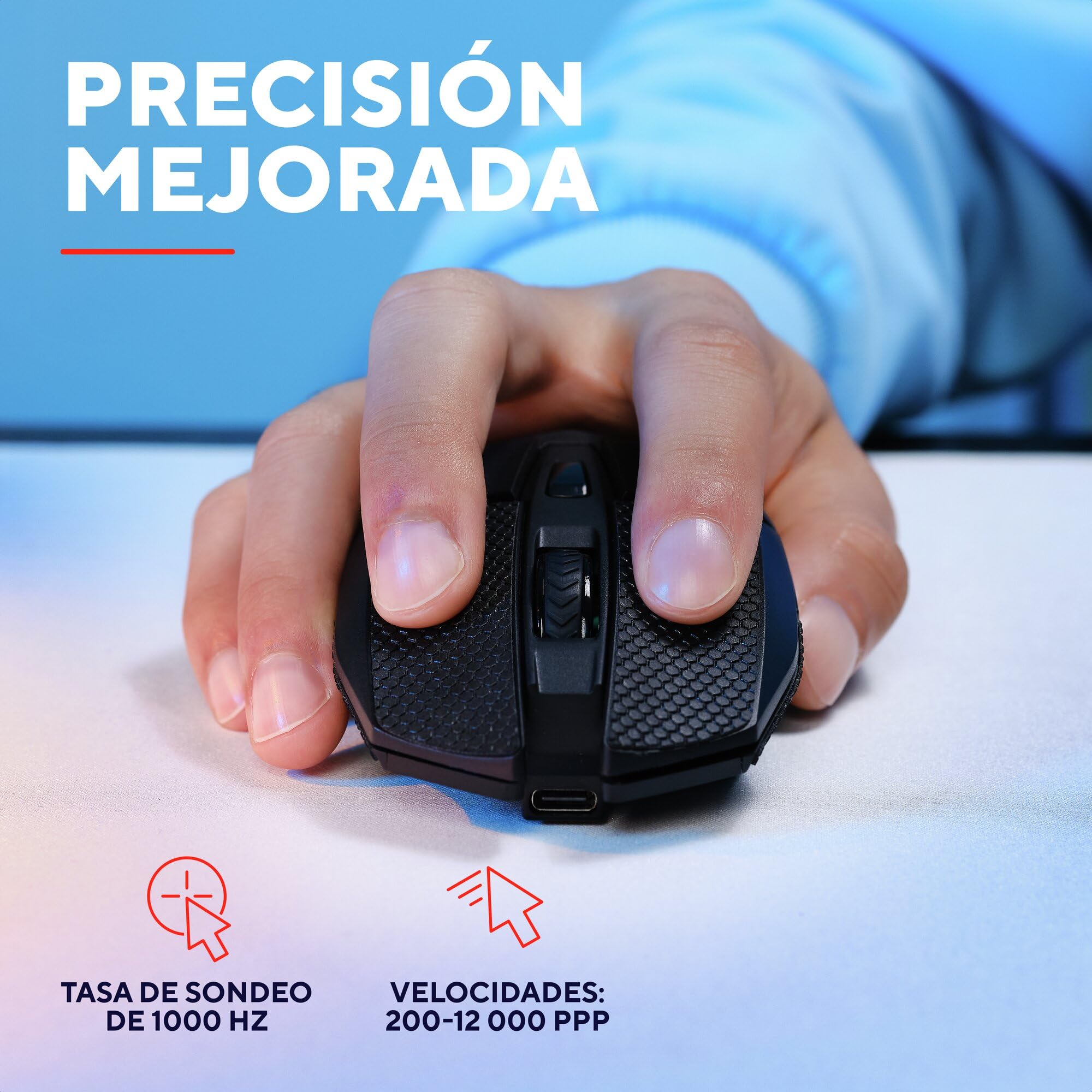 GXTrust 122 Felox+ Ratón Inalámbrico Gaming Bluetooth + 2.4GHz, Batería de 40h, 12K dpi, Iluminación LED Multicolor, 6 Botones, Ratón Gaming para Portátil, PC, Windows con USB-A Receptor, Negro - 4