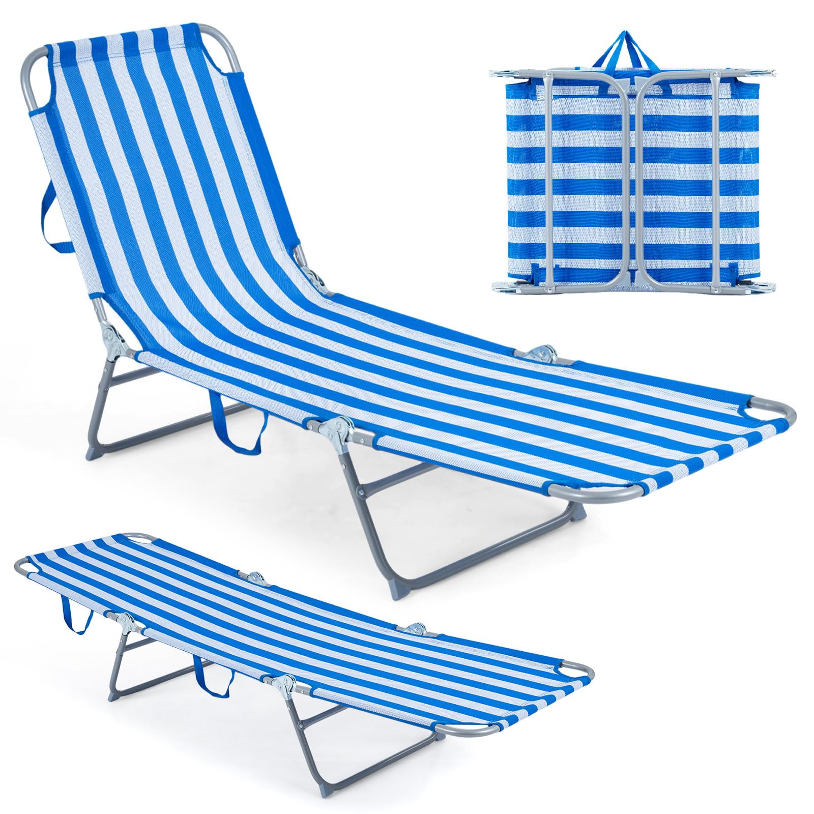 COSTWAY Leżak plażowy, składany, lekki, z regulowanym oparciem i podnóżkiem, przenośny, składany leżak z uchwytem do noszenia, obciążenie do 150 kg, na plażę, do ogrodu (niebieski + biały)
