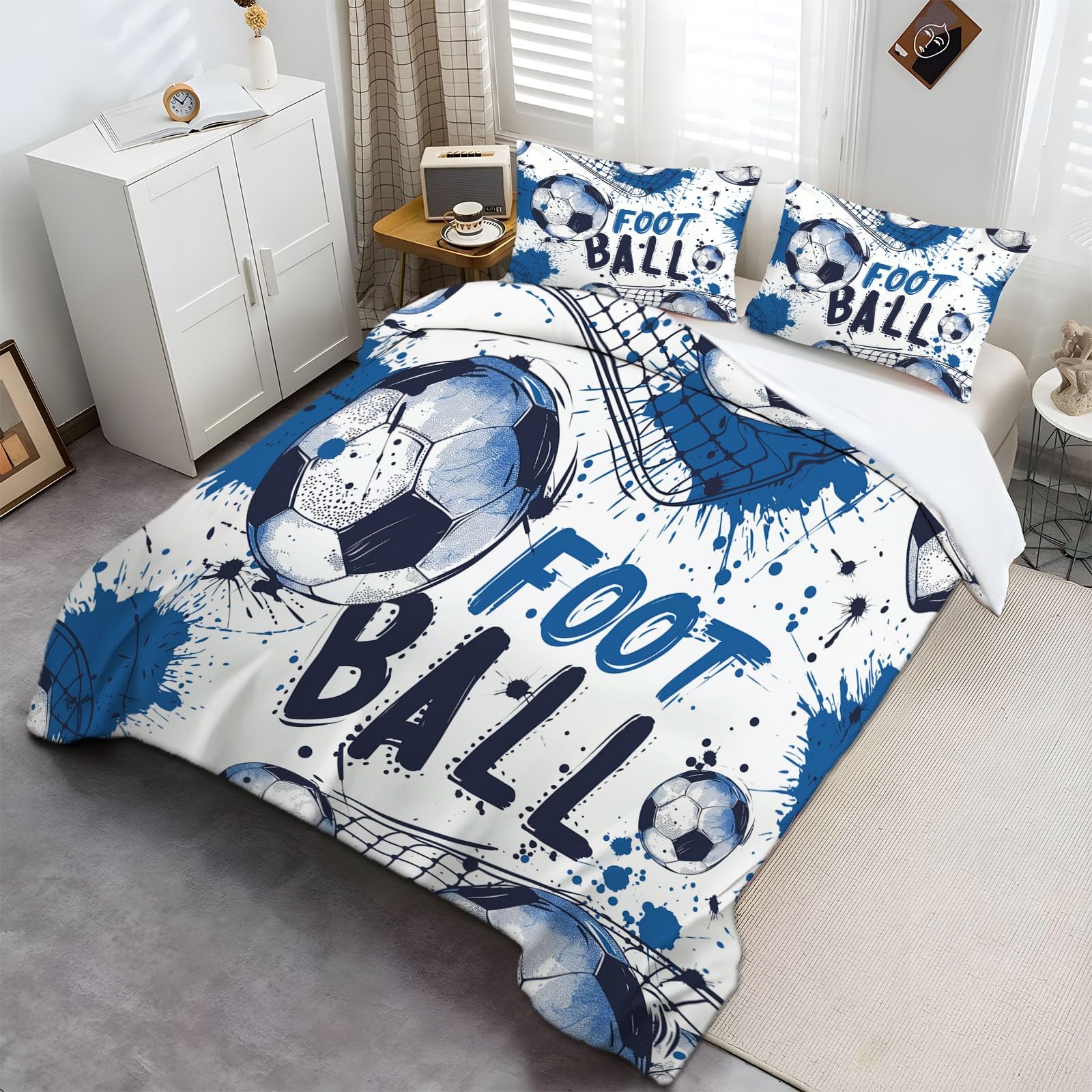 Funda Nordica Infantil para Cama 90 Tema De Fútbol ​​Azul 3D Funda de Microfibra Polialgodón para Edredón 150x200 cm, Suave y Transpirable Juego de Funda Nordica