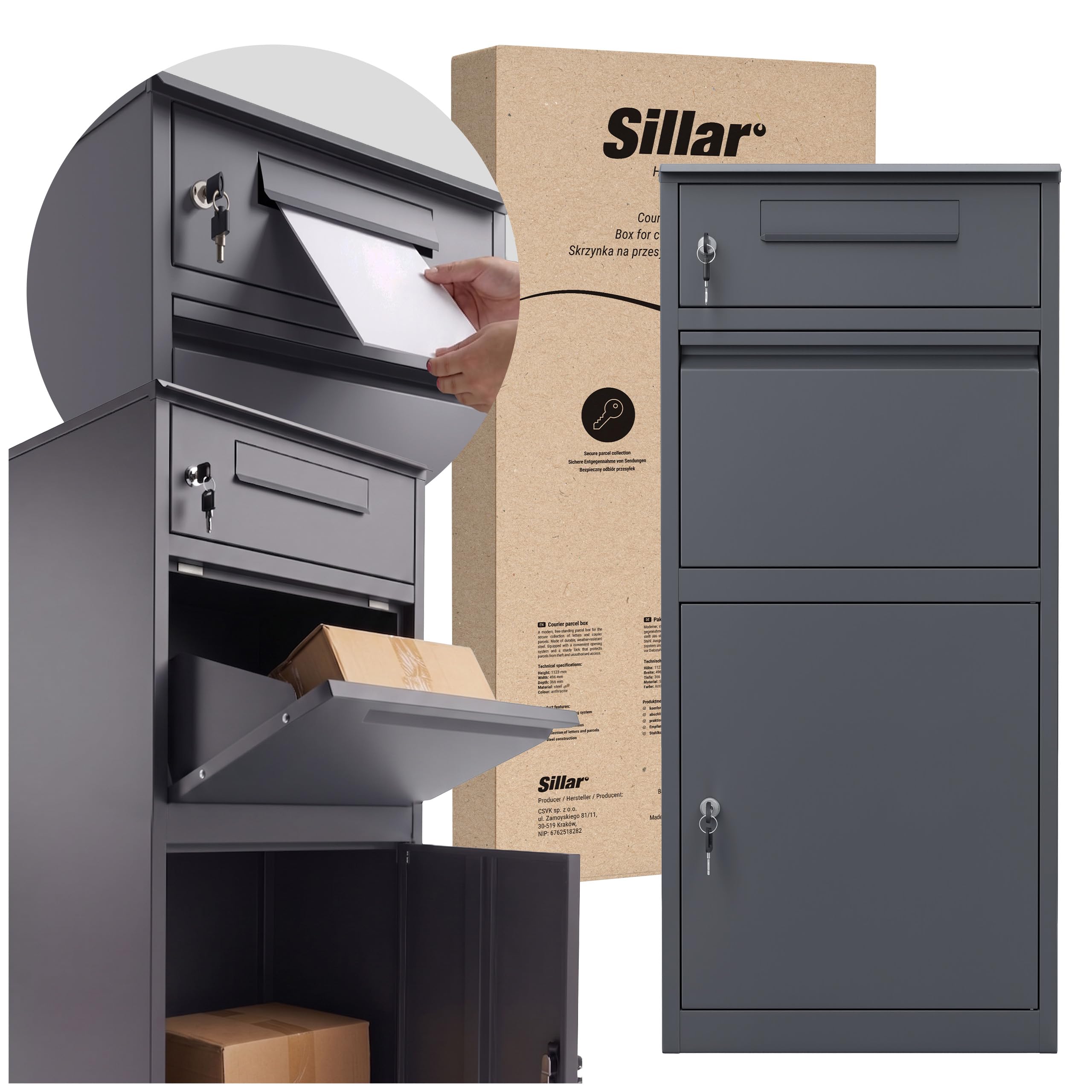 Sillar Cassetta Postale per Pacchi Antracite (112,3 × 49,6 × 36,6 cm) – Cassetta Lettere e Pacchi da Esterno in Acciaio, con Chiavi di Sicurezza, Grande Capacità, Porta Frontale, Design Moderno