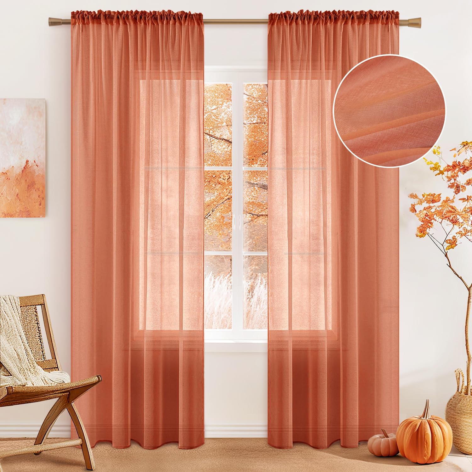 MIULEE Burnt Orange Linen Textured Sheer Curtains 96 Inches Long for Bedroom/Living Room Semi Transparent Farmhouse Fall Decor Window Net Panels with Rod Pocket 2 Panels W 54 x L 96 Inches
