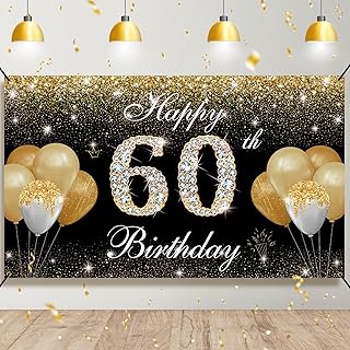 HTDZZI Happy 60th Birthday Decorations for Men Women - Black Gold 60 Birthday Backdrop Banner, Yard Sign, Photo Booth Props- Sixty Birthday Party Decor Supplies in Fabric Material, 6.1 x 3.6 ft