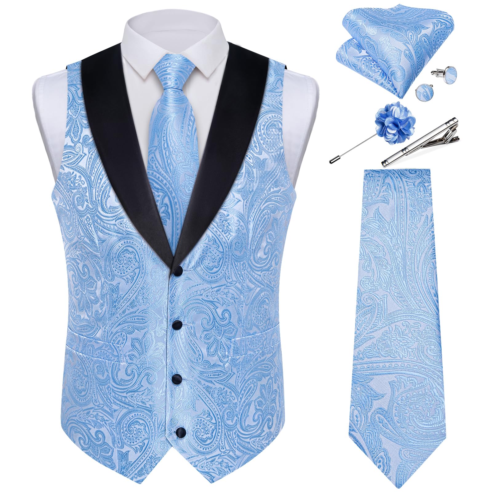 DiBanGu Mens Paisley Suit Vest Silk Jacquard Waistcoat and Necktie Set Formal Shawl Collar Dress Vest 7PCS for Wedding Party
