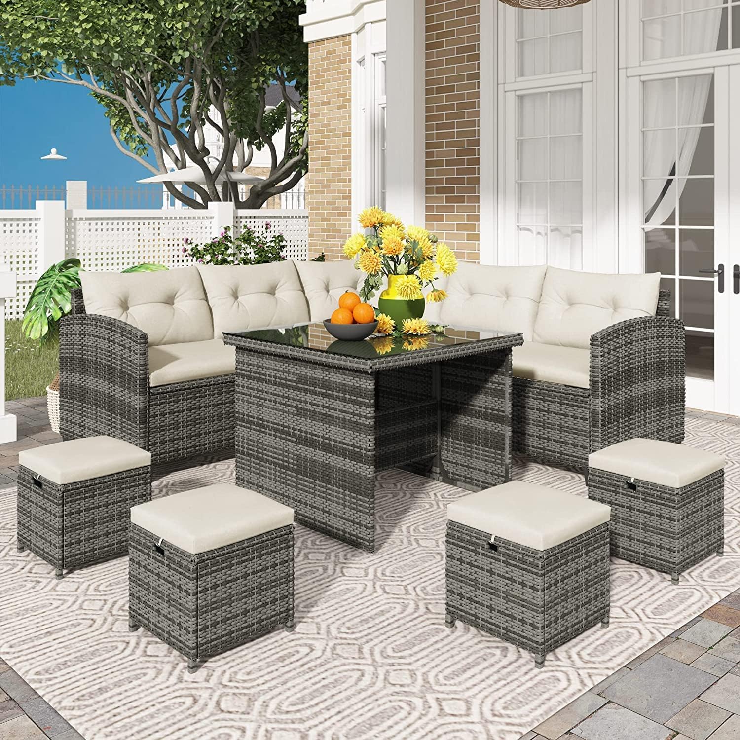 Rattan Corner Sofa Garden Furniture Set with Table and Stools, 8 Piece