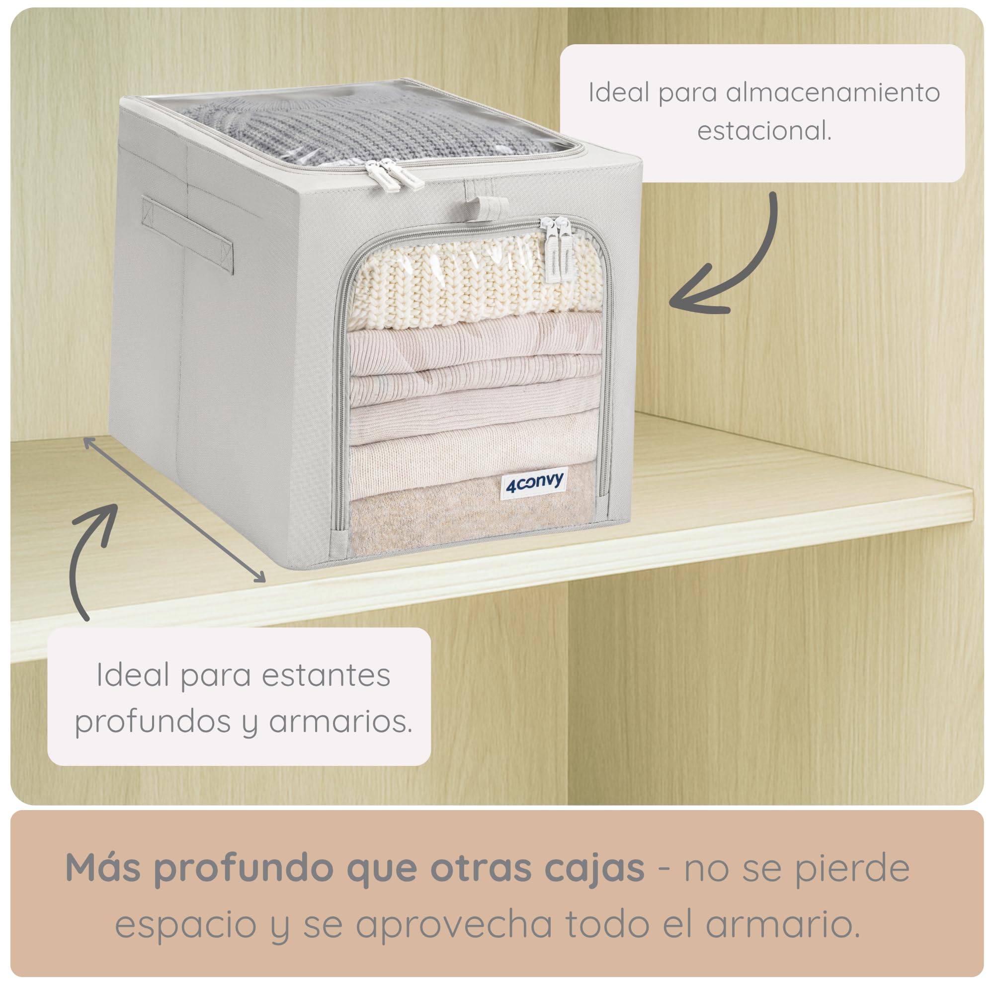 4CONVY Cajas de Almacenaje de Ropa para Armario con Cremallera y Estructura Metálica, 2 Ventanas Transparentes - Cajas Rígidas Apilables - Bolsas de Almacenaje para Ropa, Mantas y Edredones - 3x40L