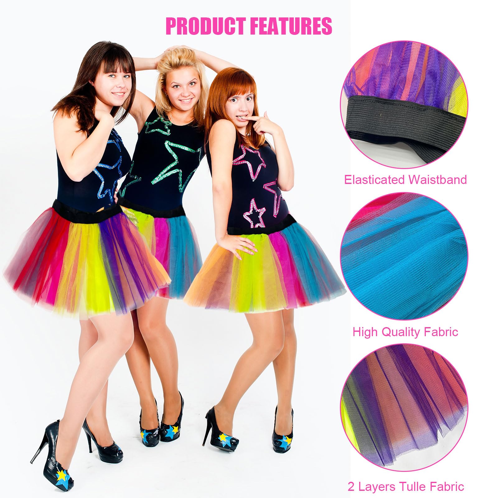 FUIPVGI Ladies Neon Tutu Skirt, 80s Costume Neon Party Accessories, Rave Retro Outfit, Hen Party Running Costume 1980s - Image 4